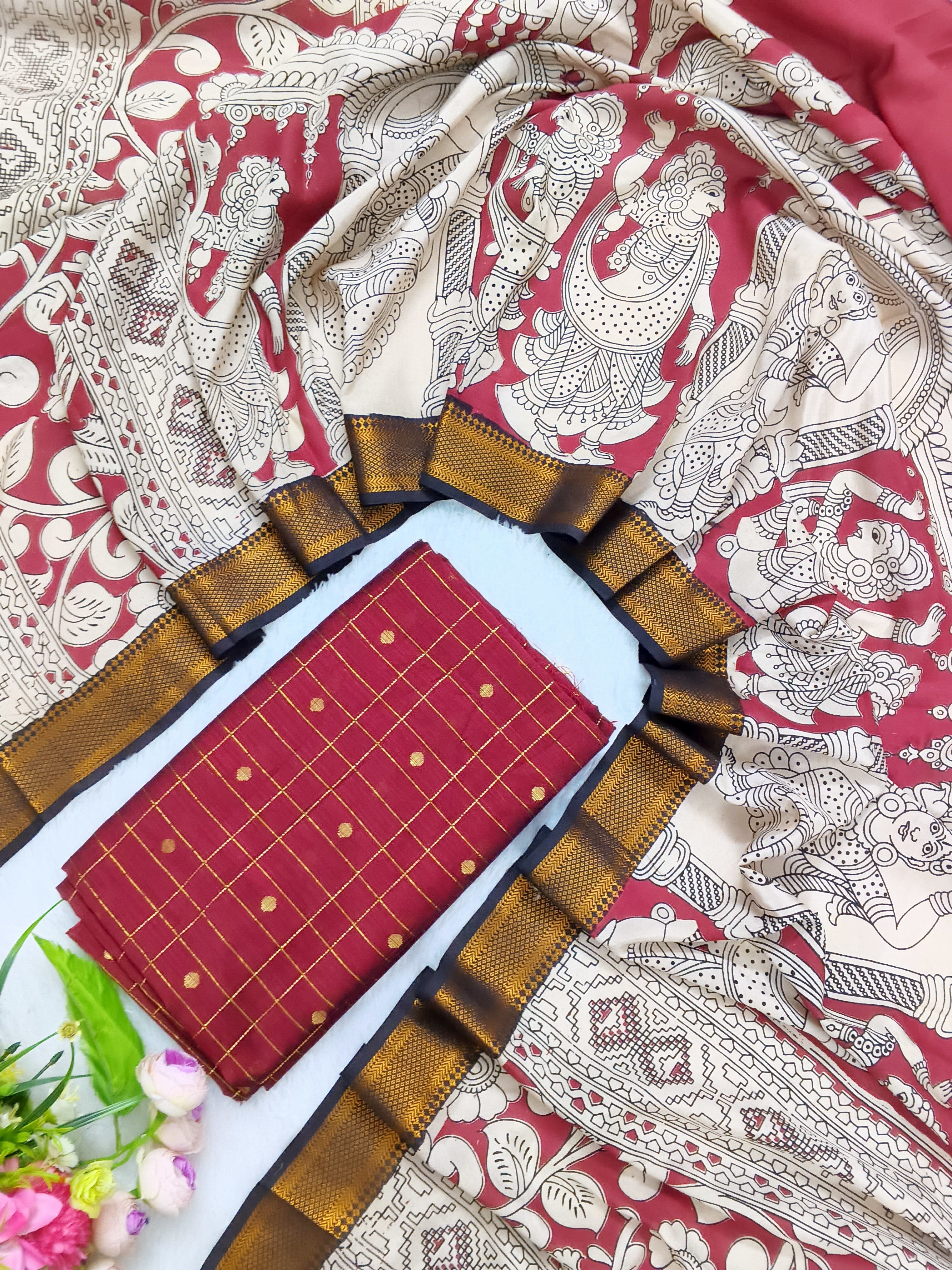 marron raw silk checked pattern top with chennuri silk duppata 2 piece set