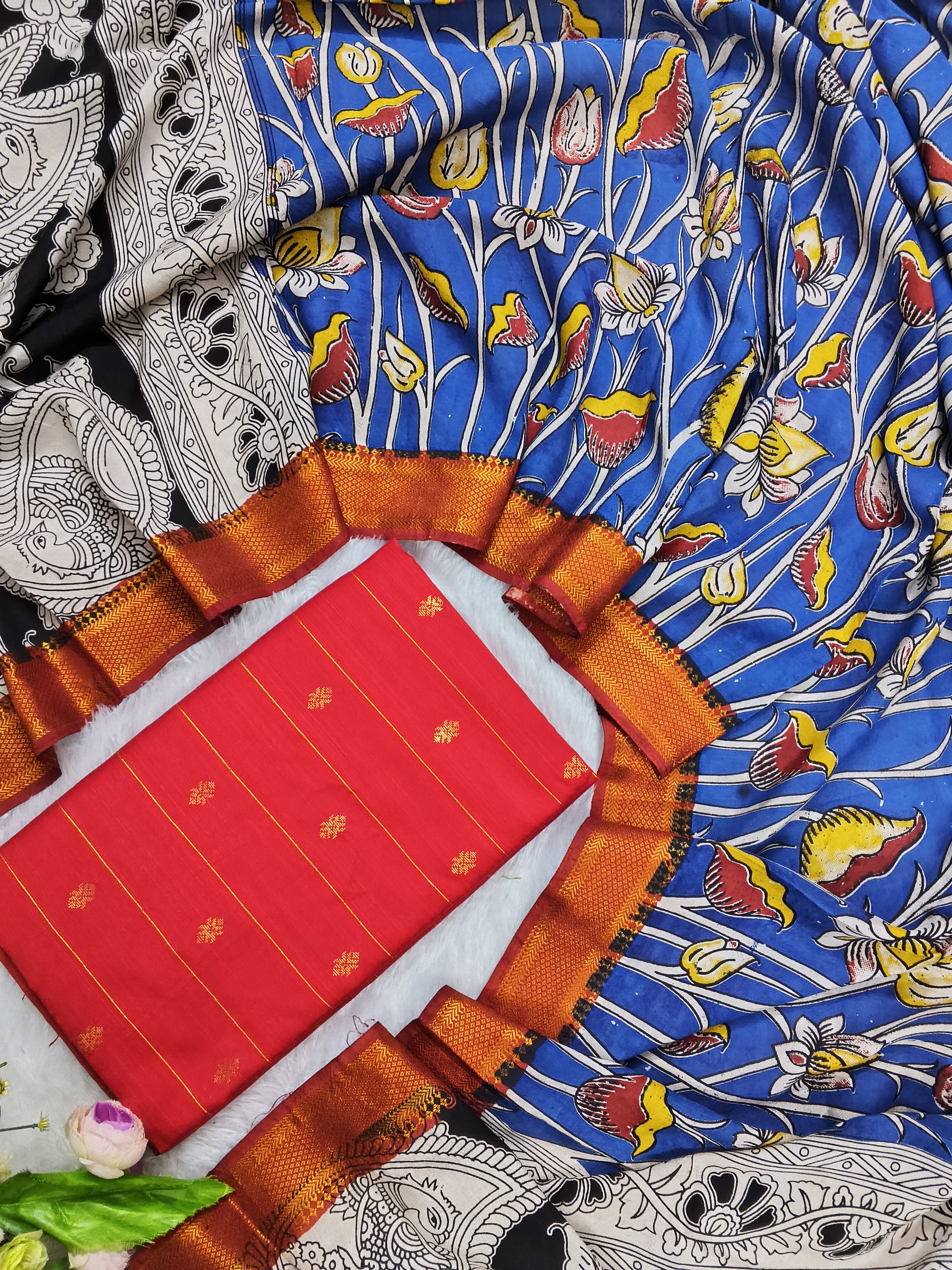 royal blue chennuri silk nizam border duppata with red raw silk matching top