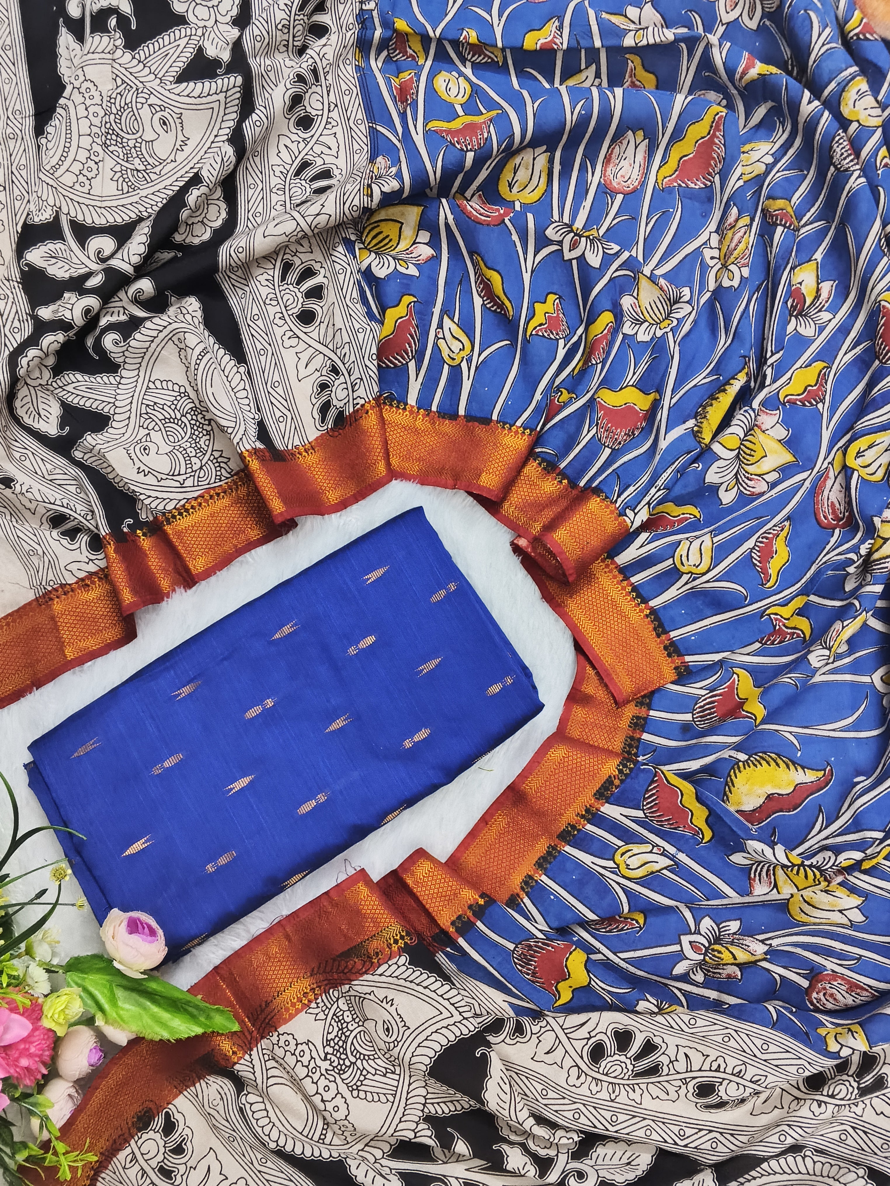 royal blue floral print chennuri silk nizam border duppata 2 piece set