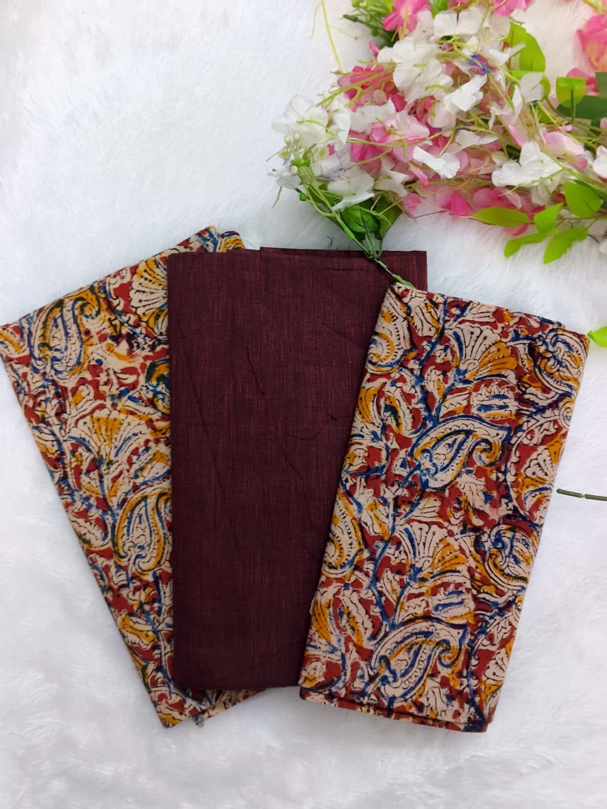 chocolate brown kalamkari block print 3 piece set