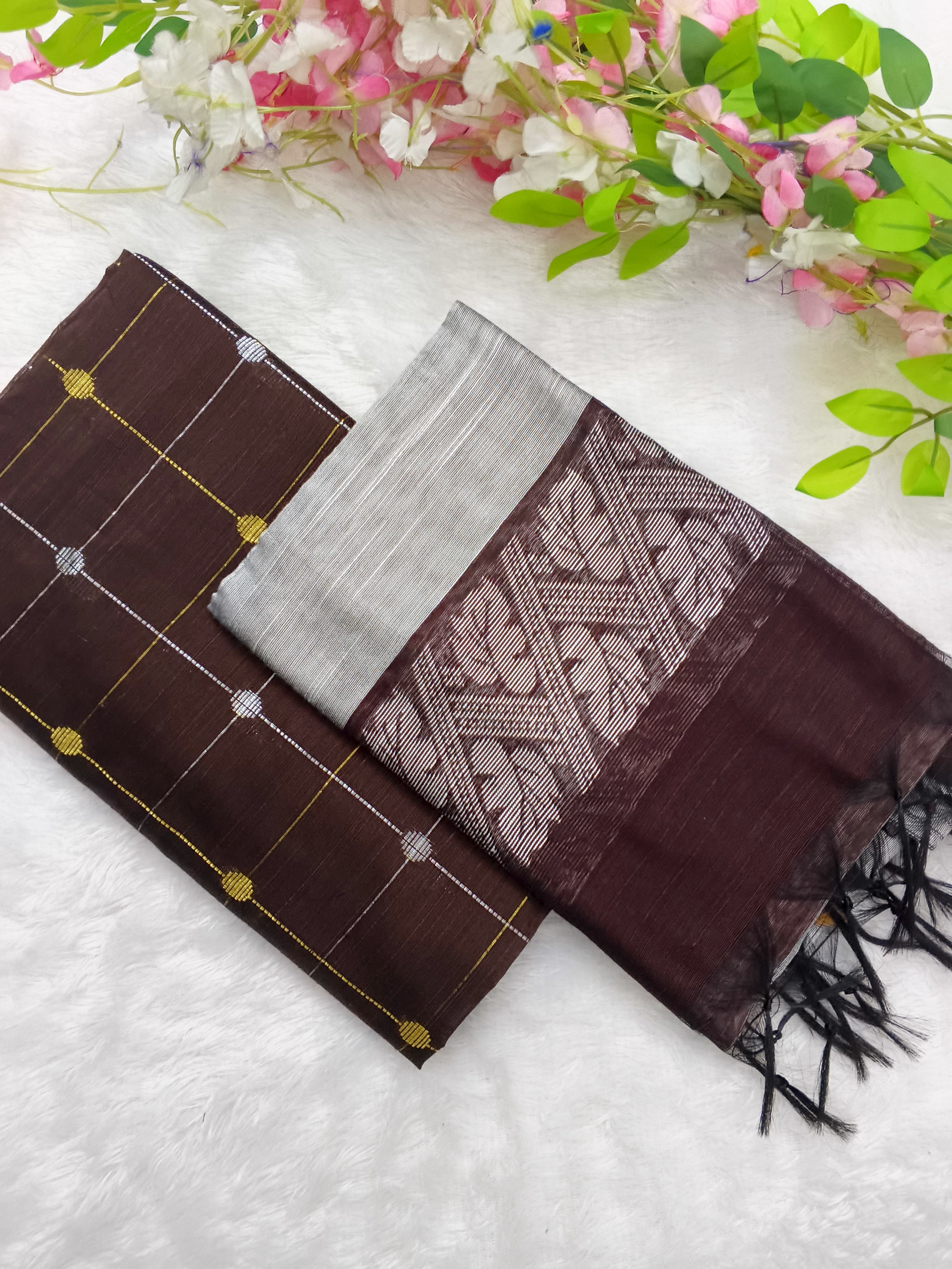 brown checked raw silk top with duppata