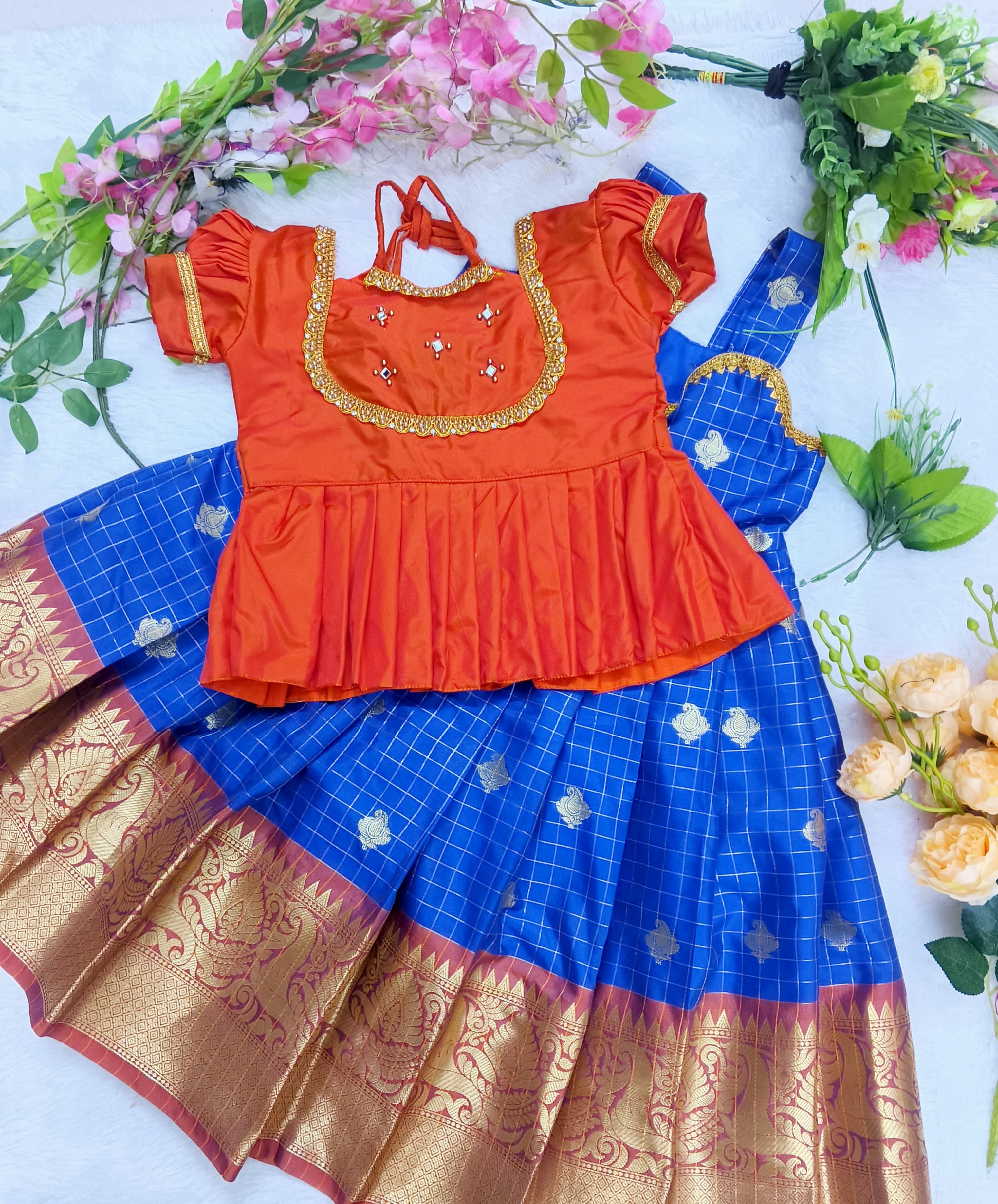 Royal Blue and Orange with Golden Zari Detailing kids lehenga set