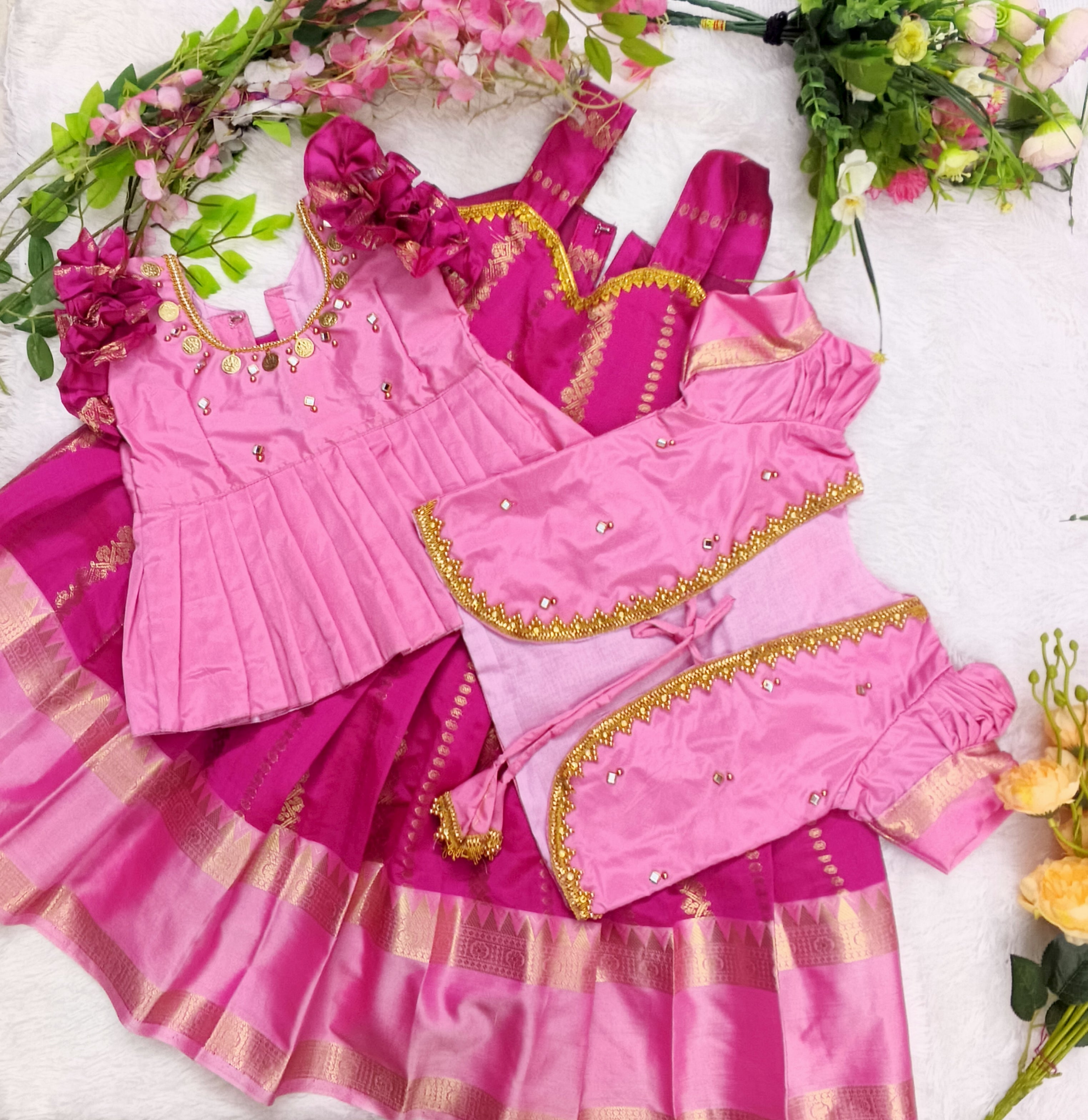 Pink &amp; Magenta with Golden Zari Detailing kids lehenga set