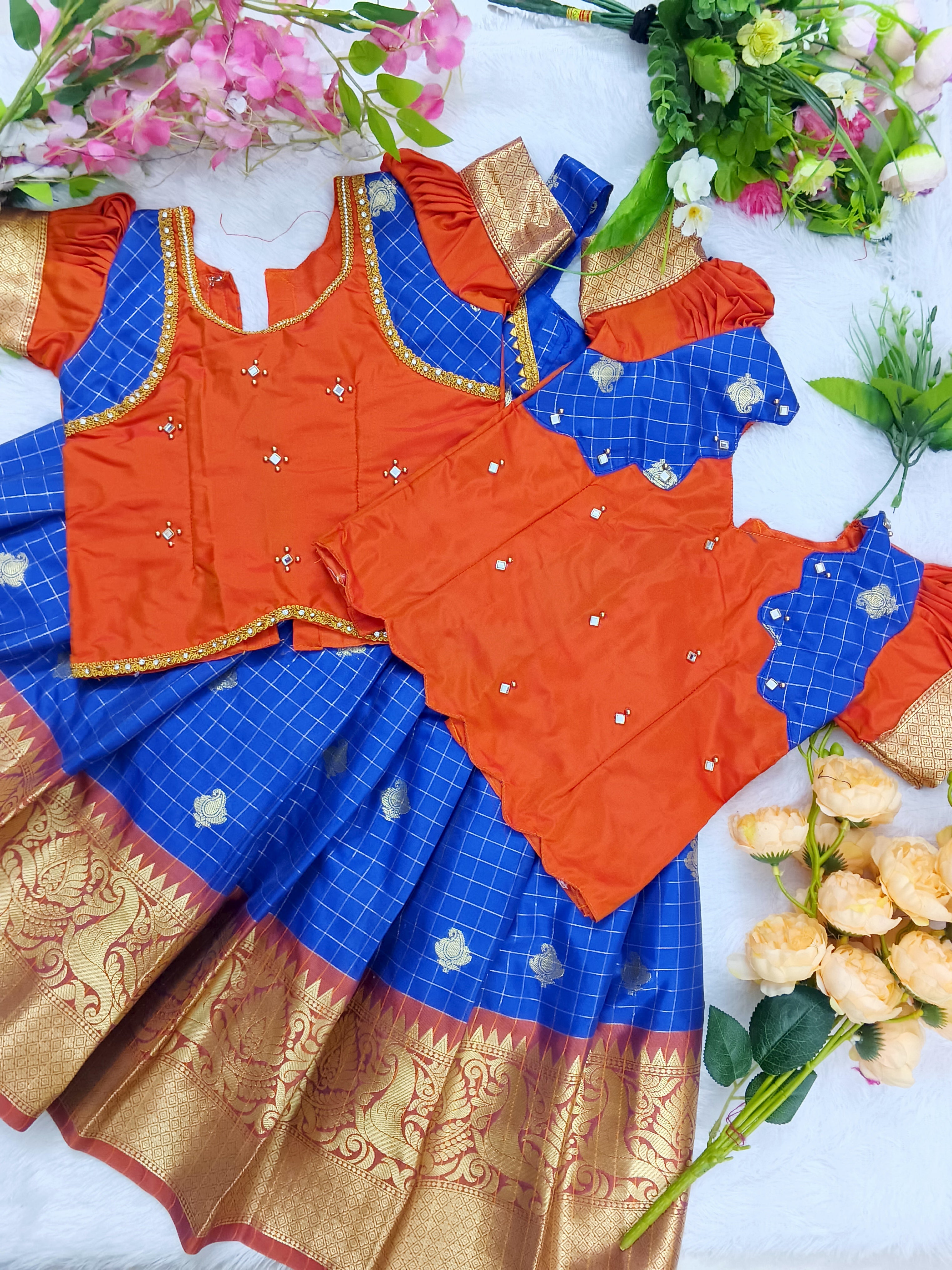 Royal Blue and Orange with Golden Zari Detailing kids lehenga set