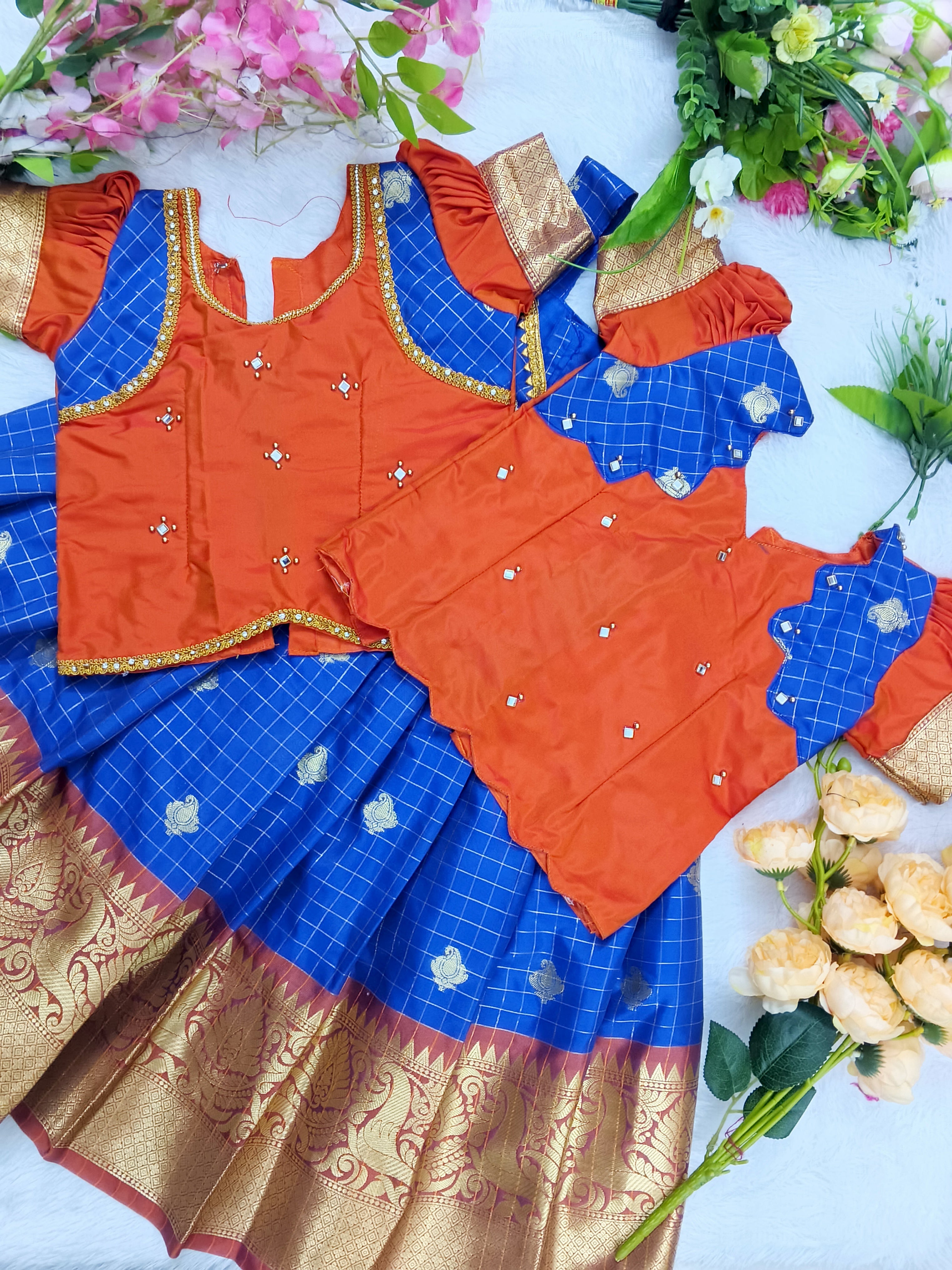 Royal Blue and Orange with Golden Zari Detailing kids lehenga set