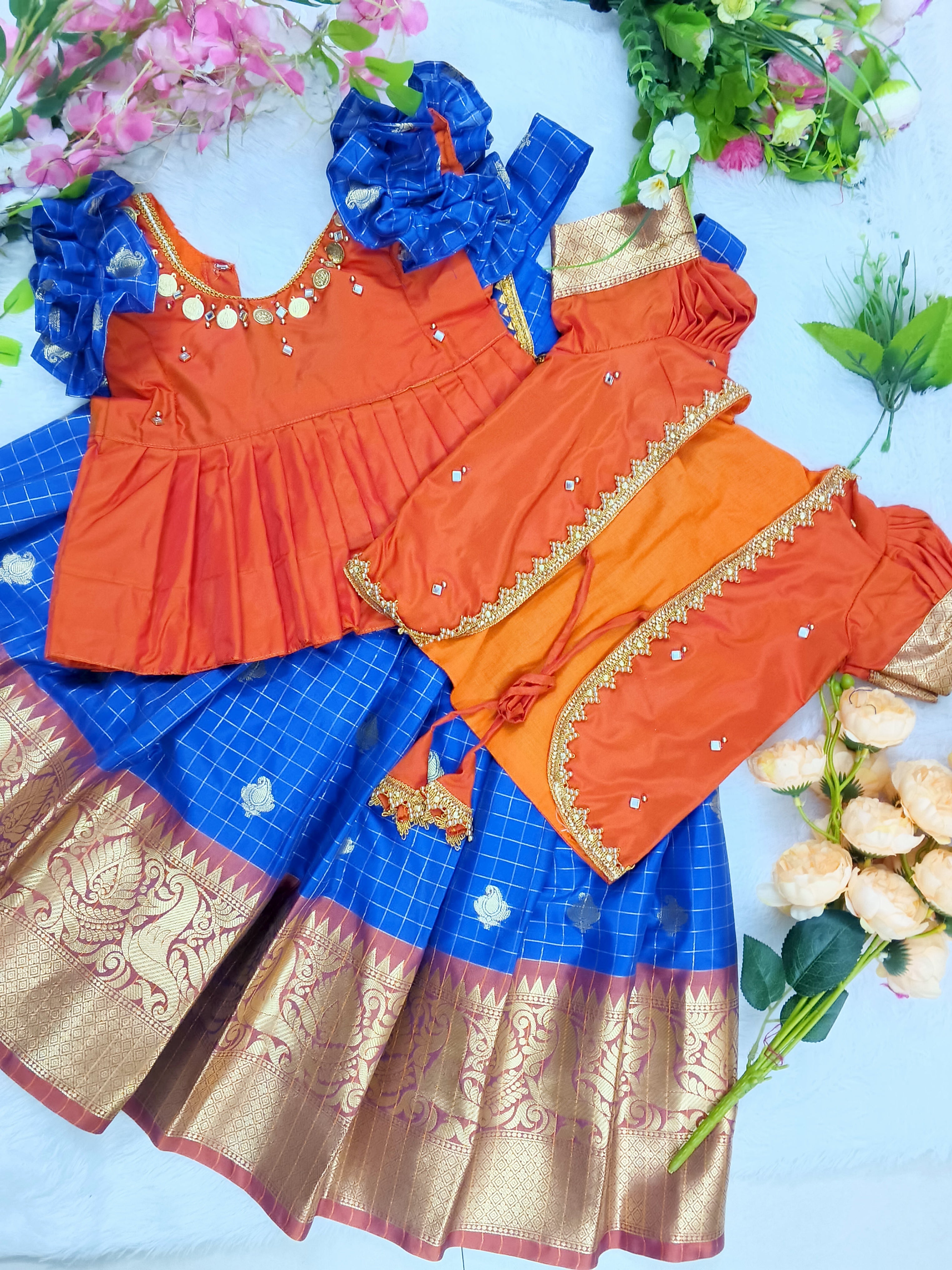 Royal Blue and Orange with Golden Zari Detailing kids lehenga set