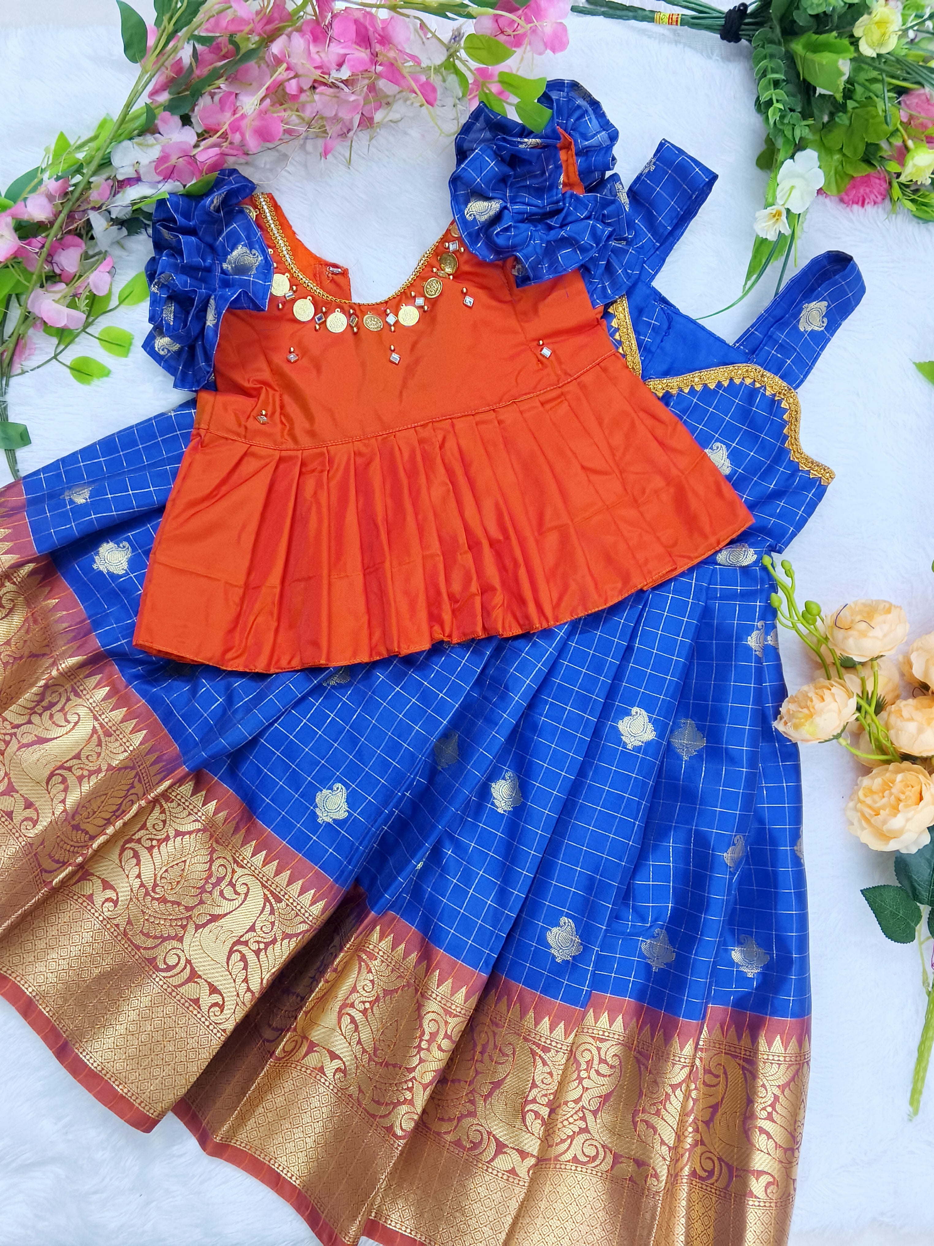 Royal Blue and Orange with Golden Zari Detailing kids lehenga set