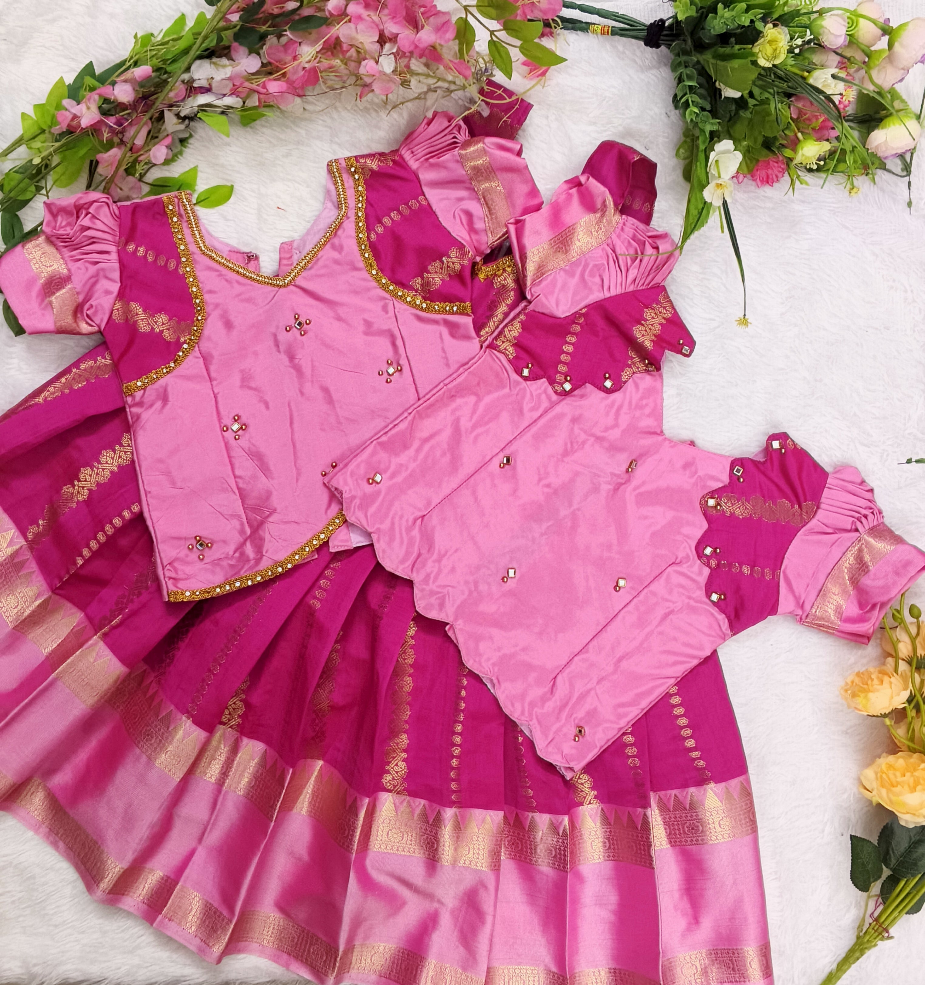 Pink &amp; Magenta with Golden Zari Detailing kids lehenga set