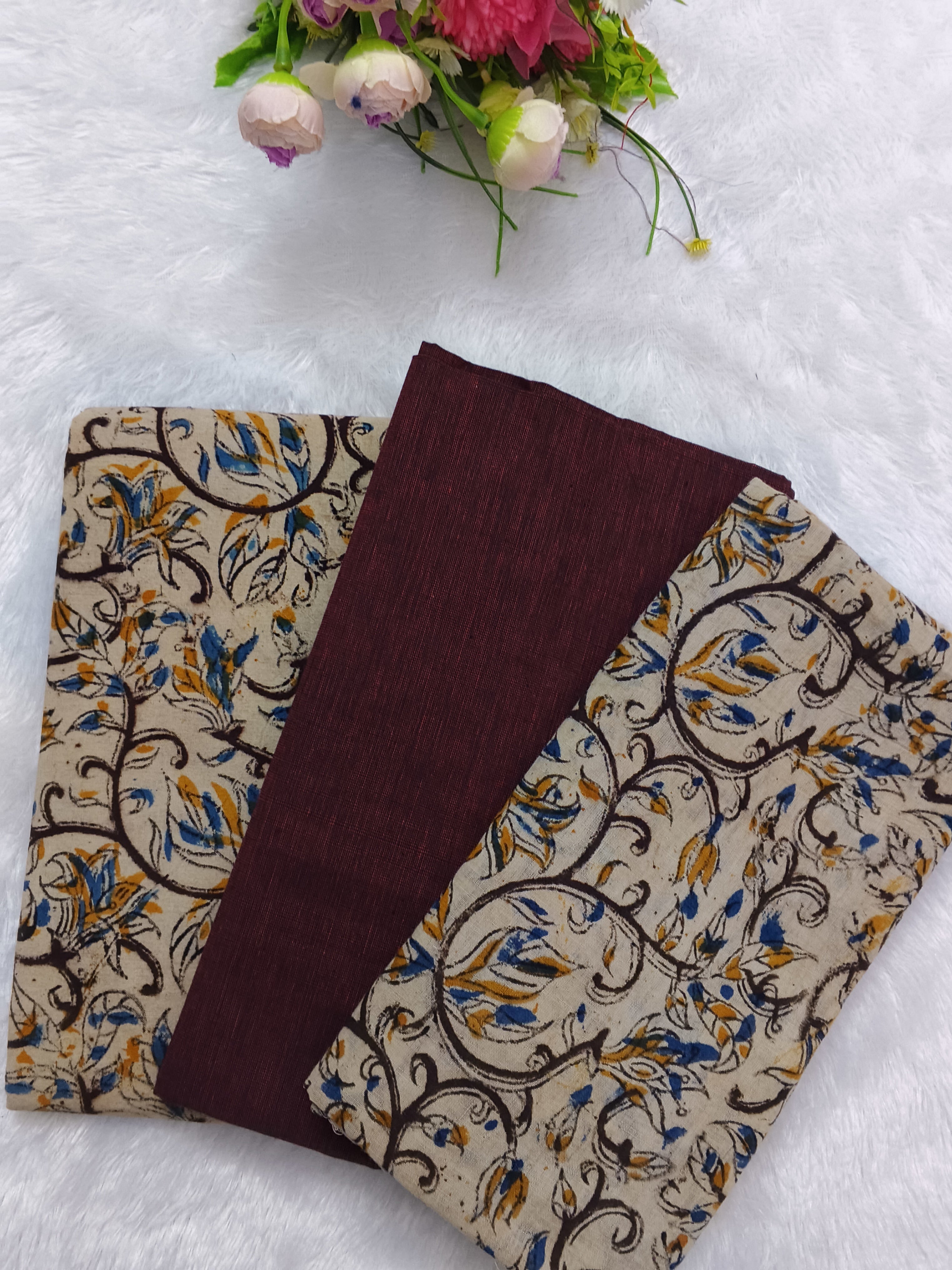 coffe brown kalamkari cotton 3 piece set