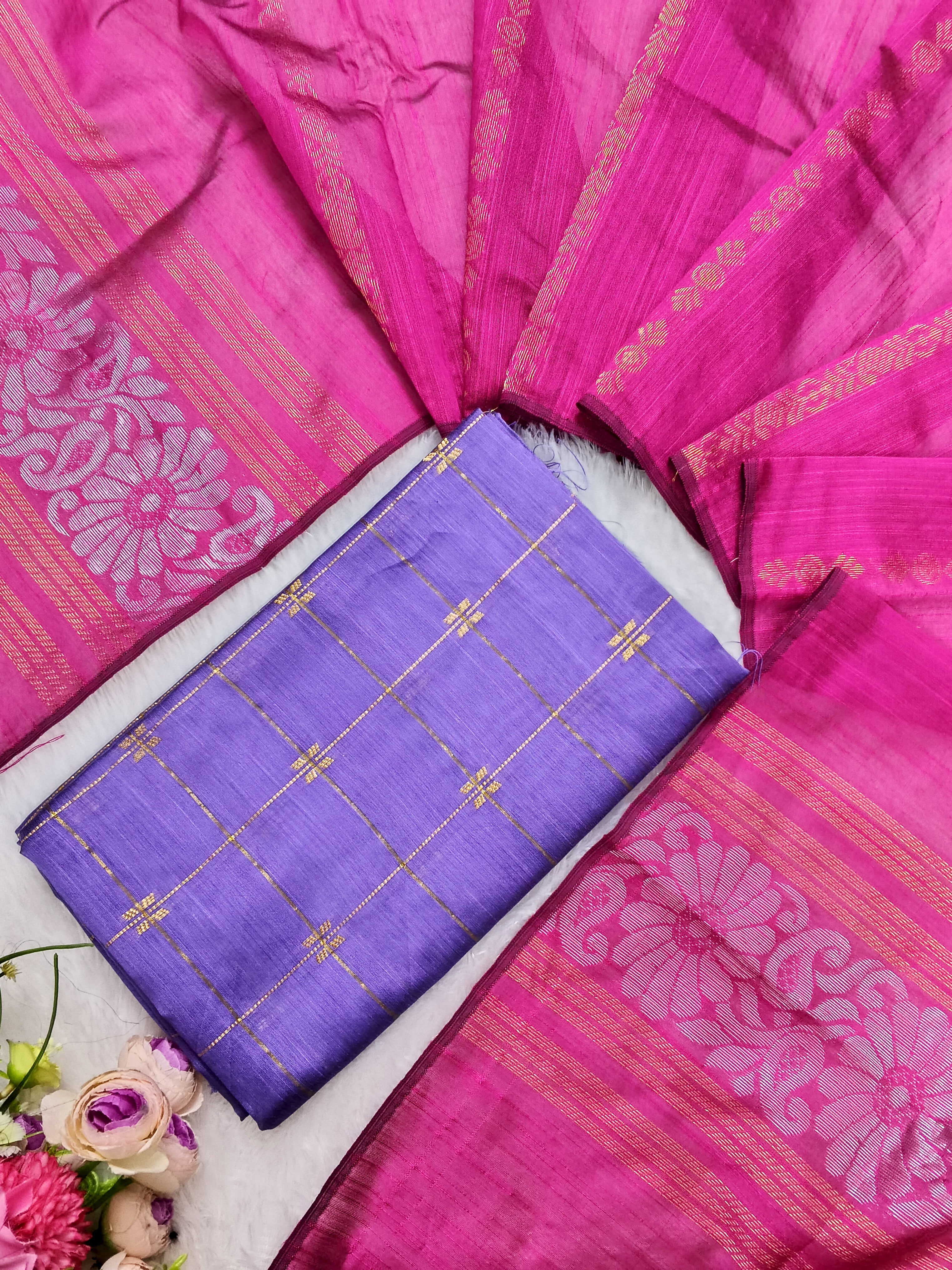 lavendor raw silk top with rose jamdhani duppata