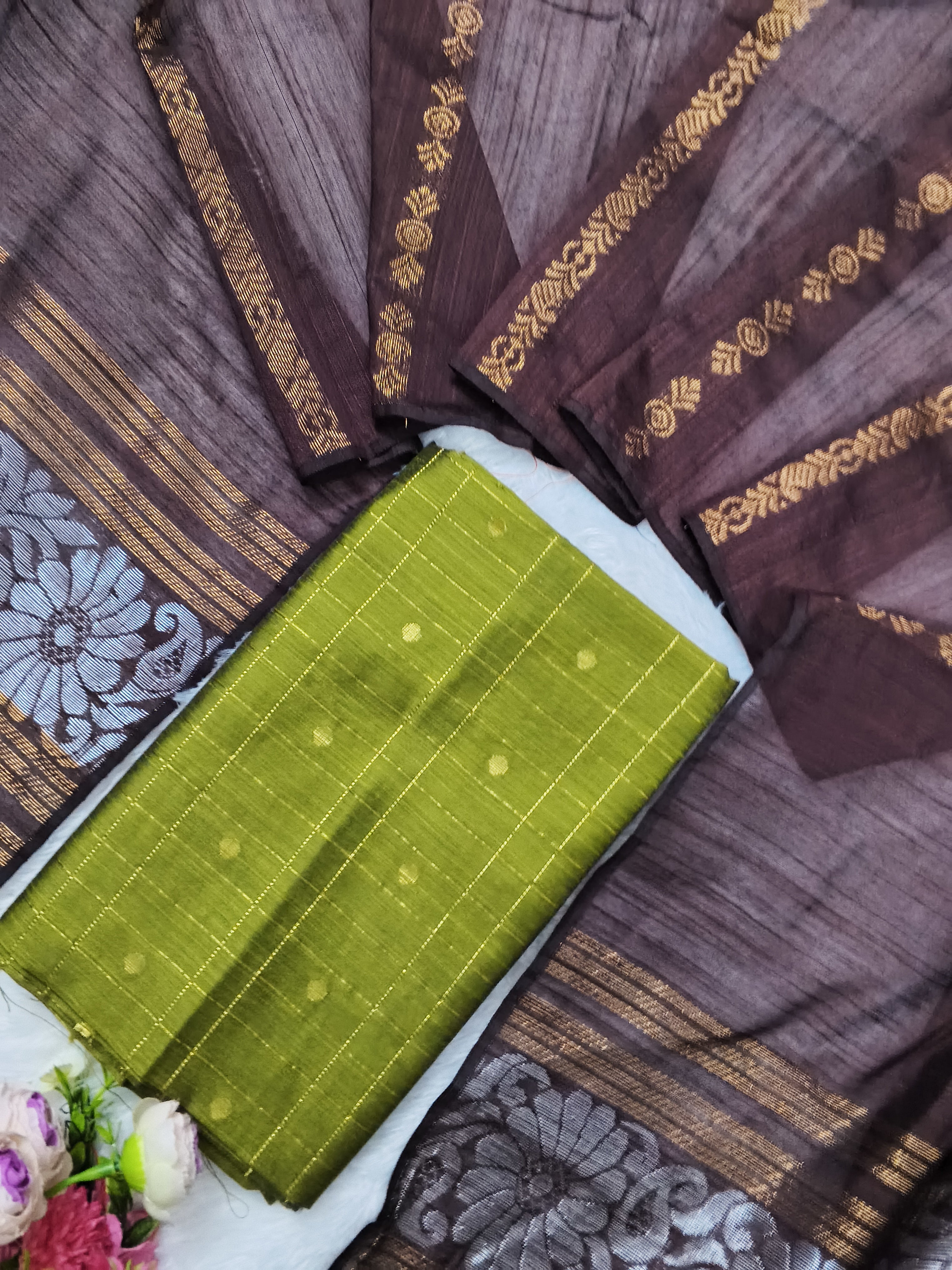 mehandi green raw silk top with brown jamdhani duppata