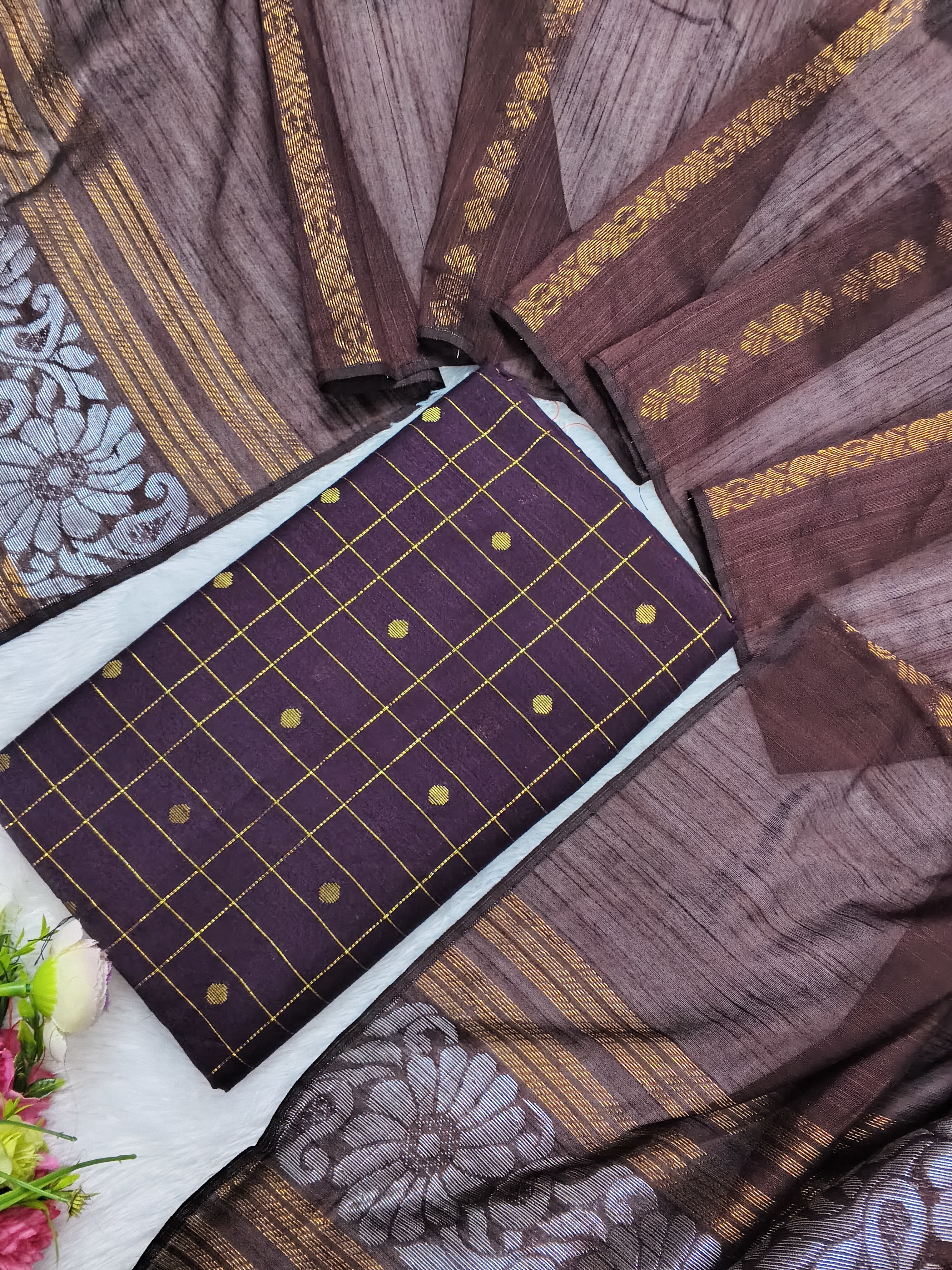 chocolate brown raw silk top with jamdhani duppata