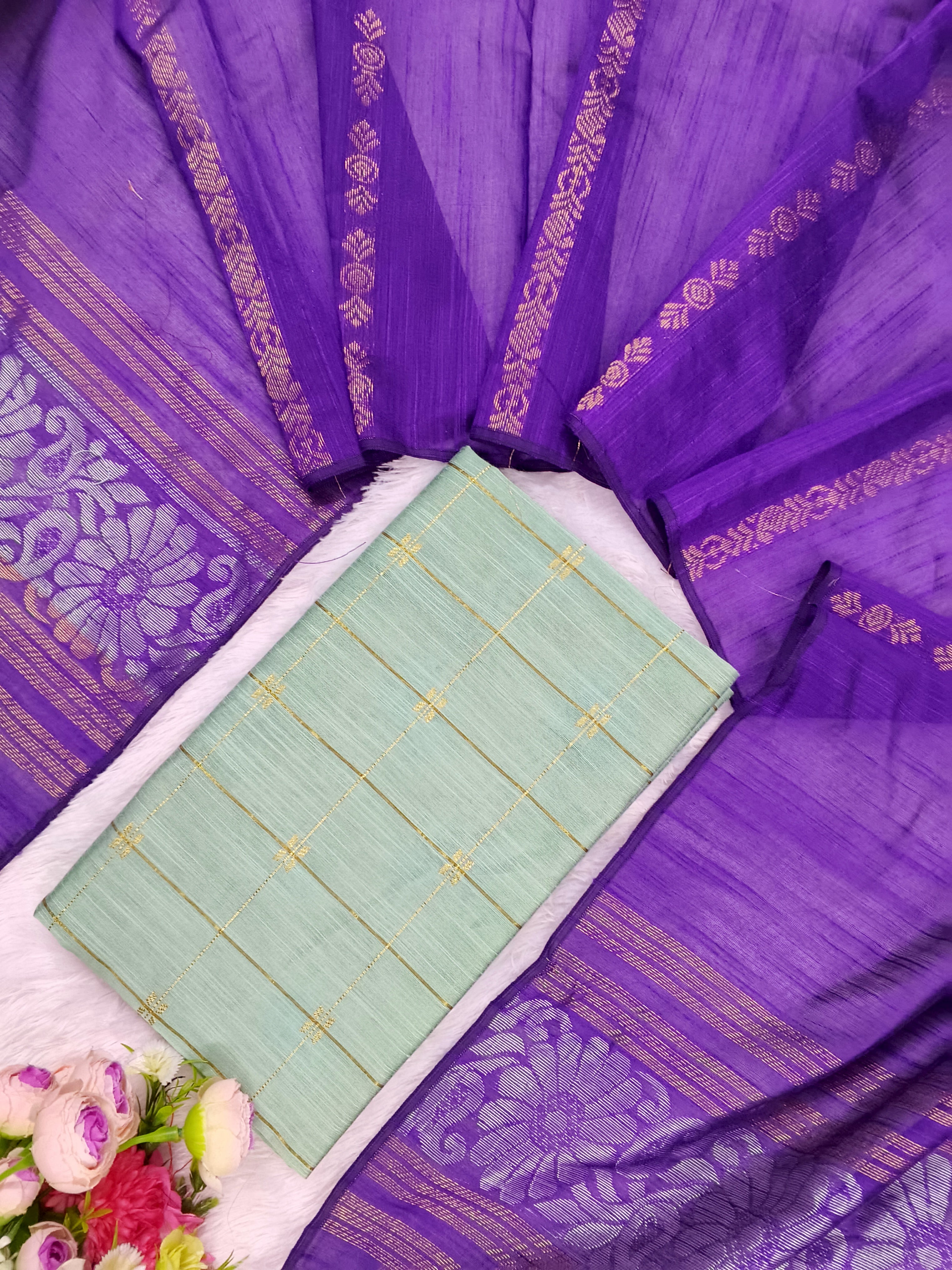 c.green raw silk top with violet jamdhani duppata