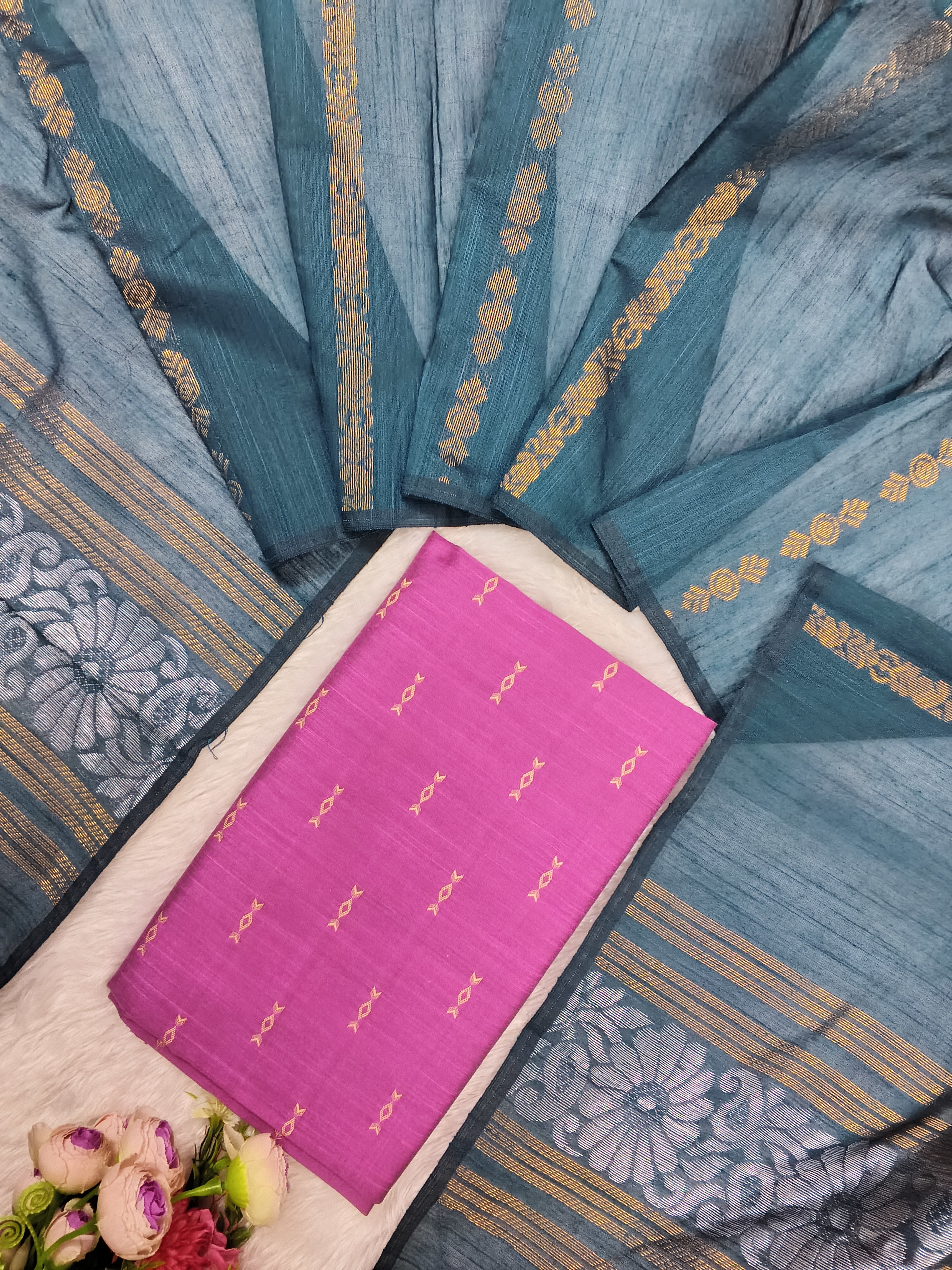 pink raw silk top with mayil green jamdhani duppata