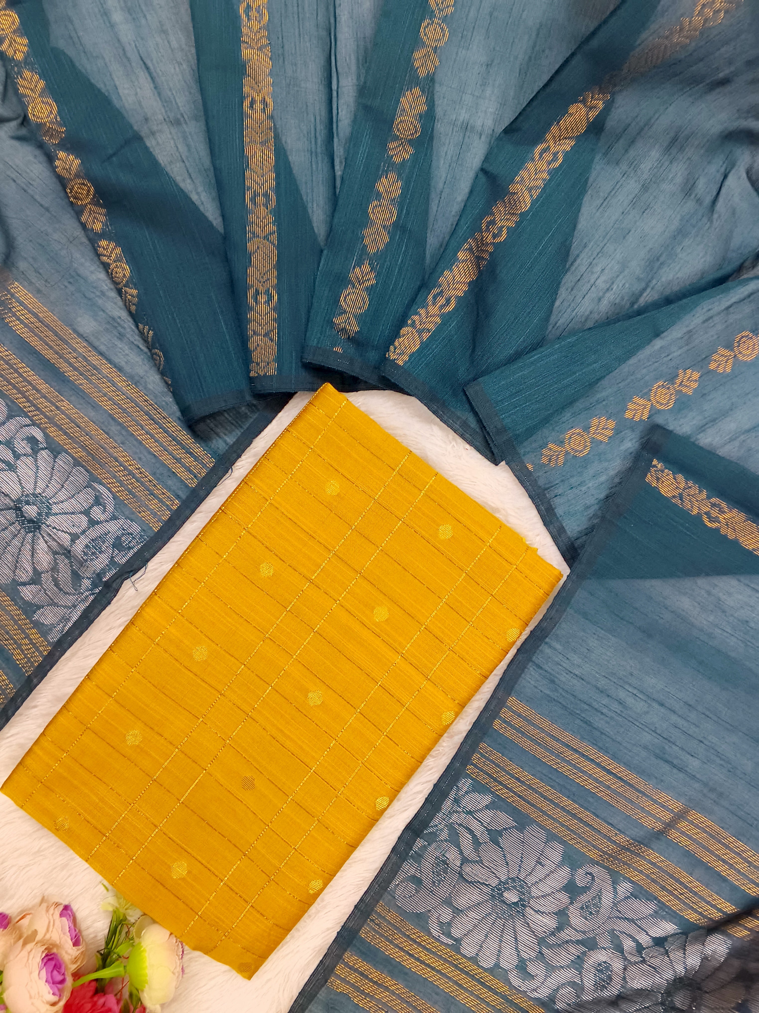 mustard yellow raw silk top with mayil green jamdhani duppata