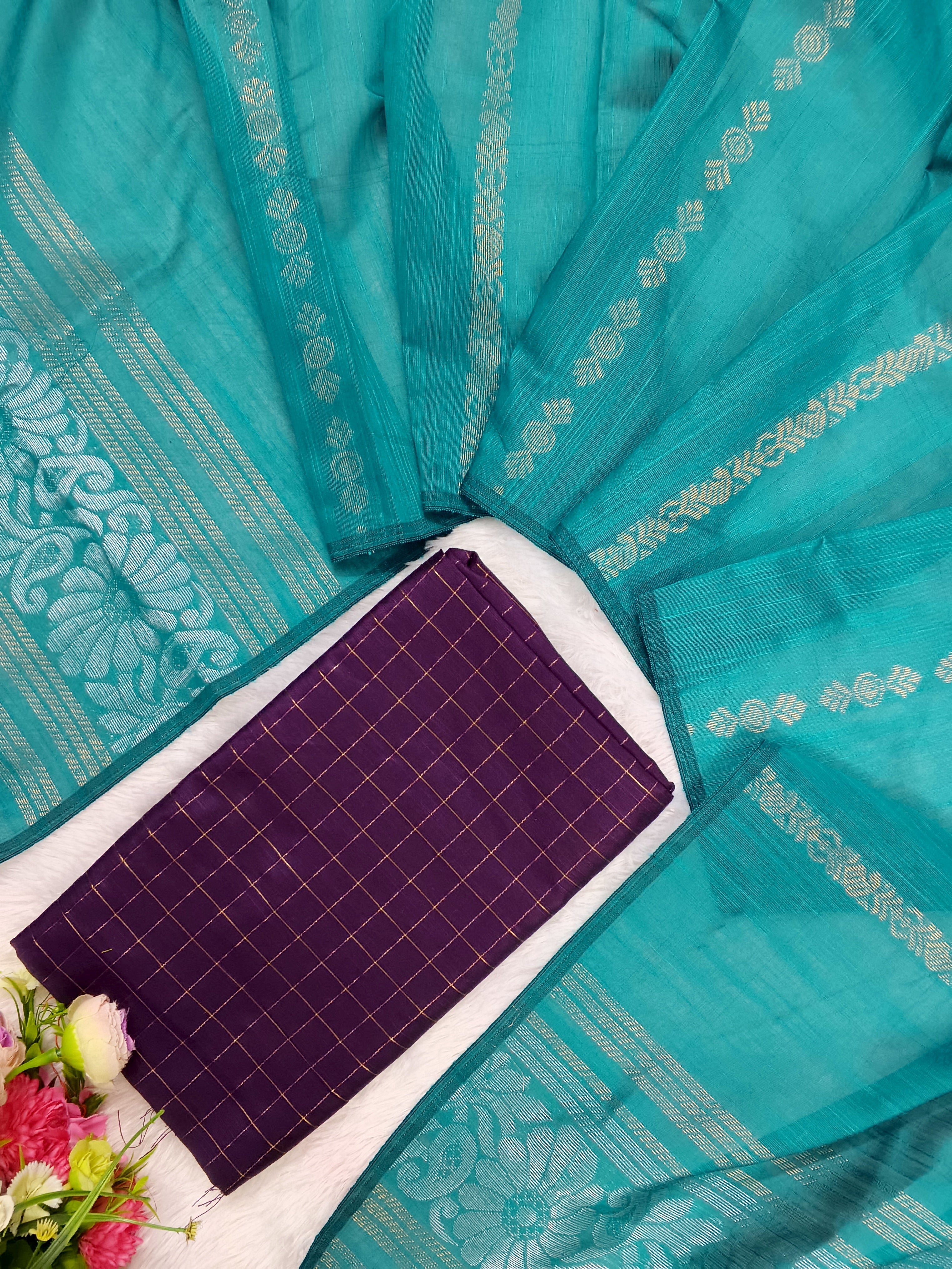 wine raw silk top with mayil blue jamdhani duppata