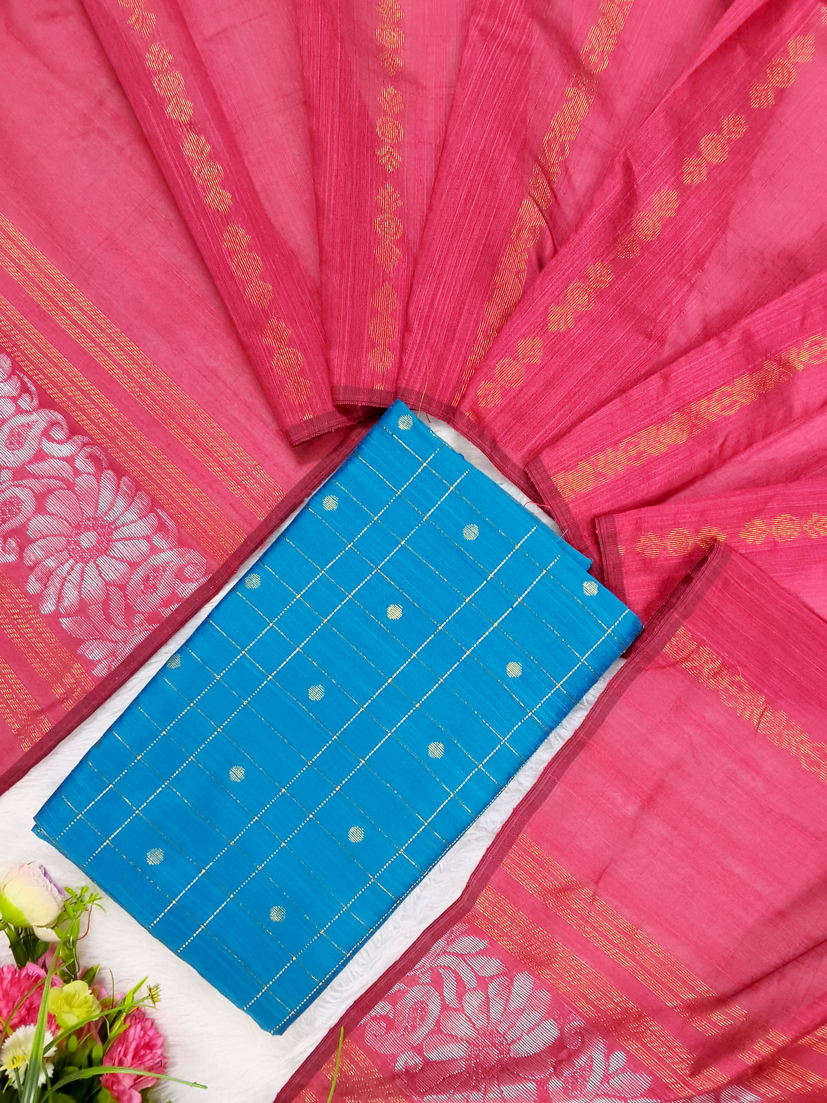 sky blue raw silk top with peech colour jamdhani duppata