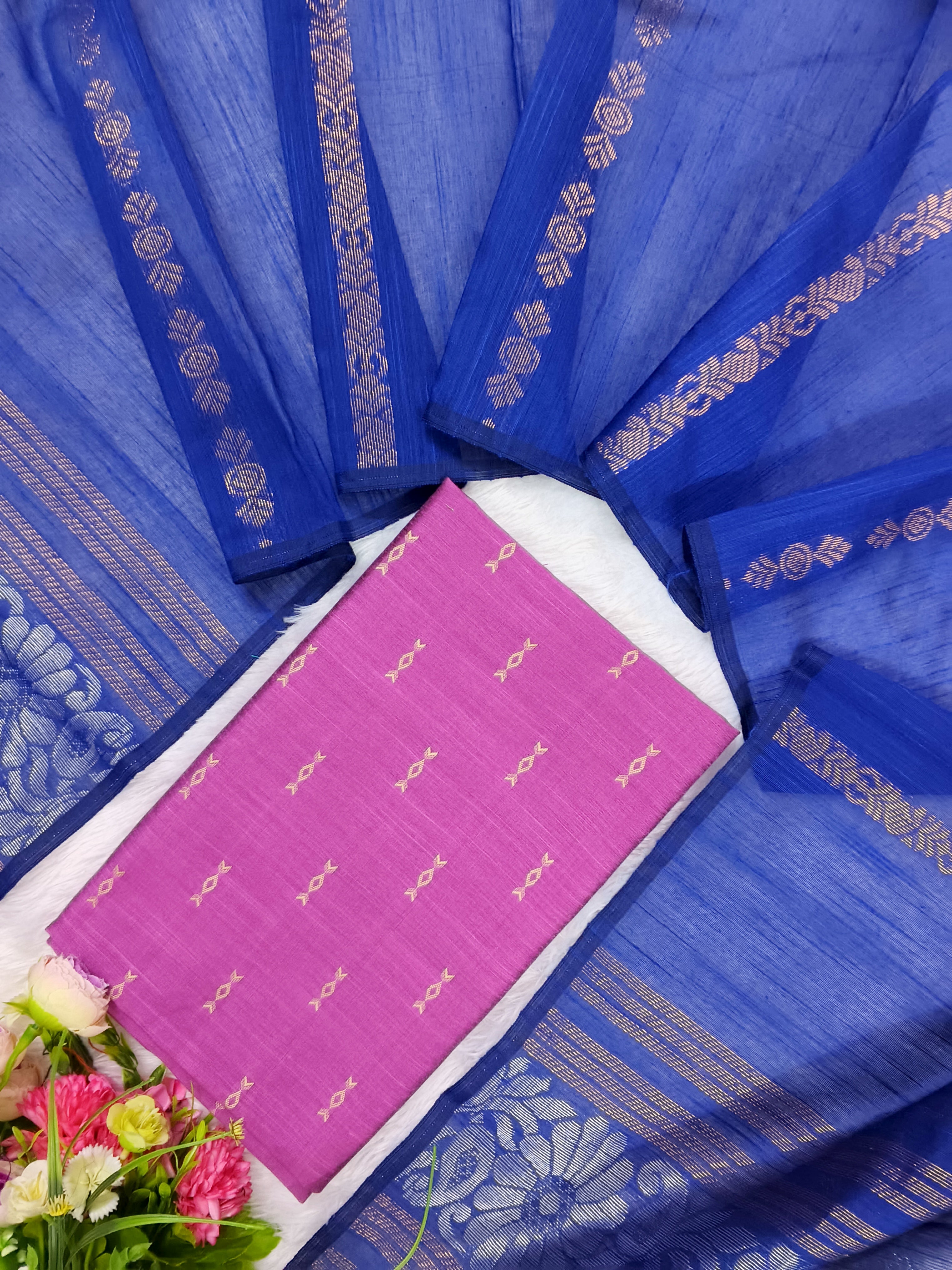 pink raw silk top with royalblue jamdhani duppata