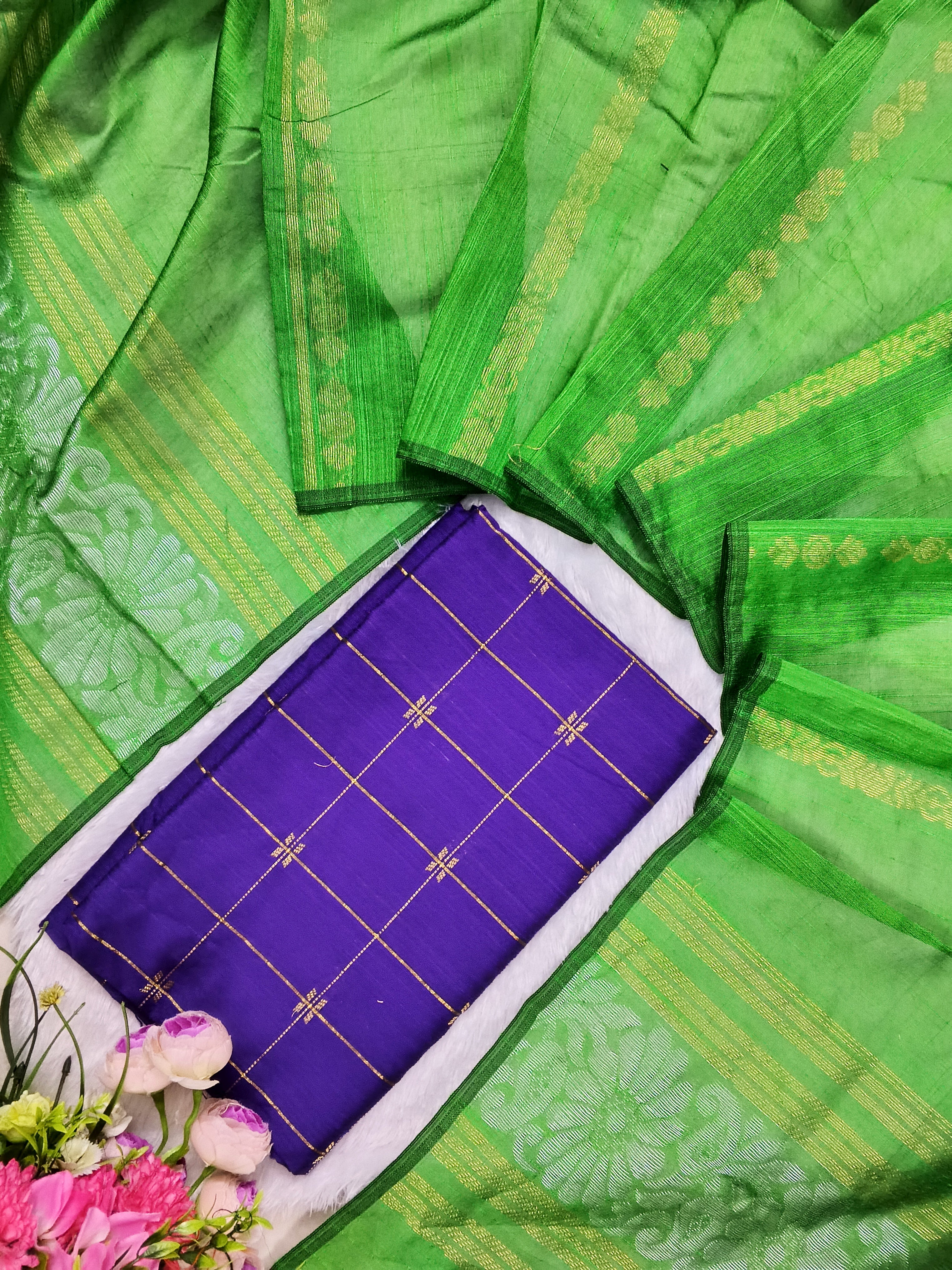 violet raw silk top with parrot green jamdhani duppata