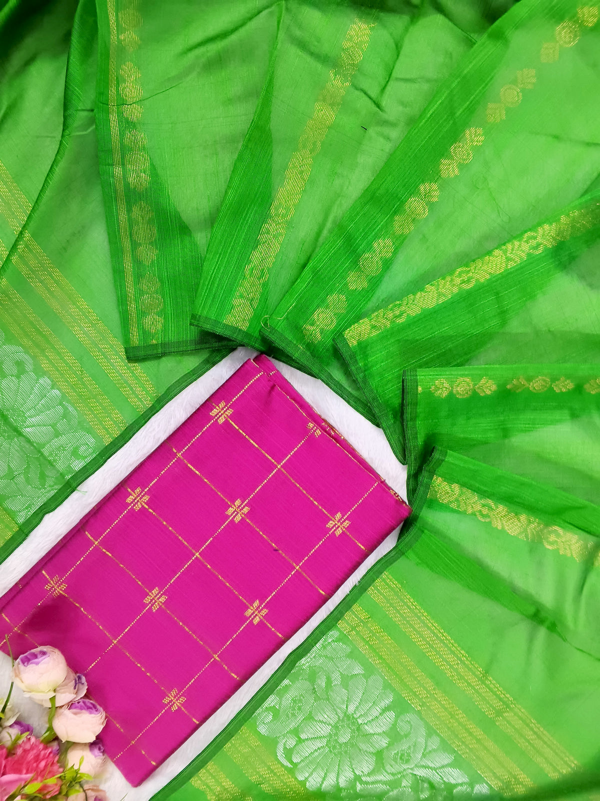 rose raw silk top with parrot green jamdhani duppata
