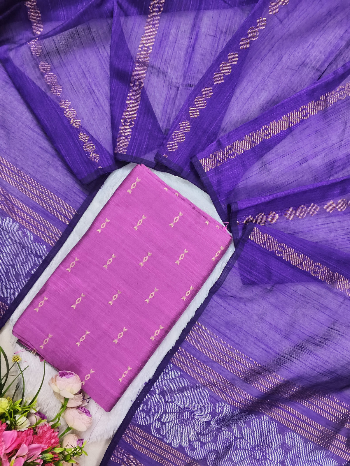 pink raw silk top with purple jamdhani duppata