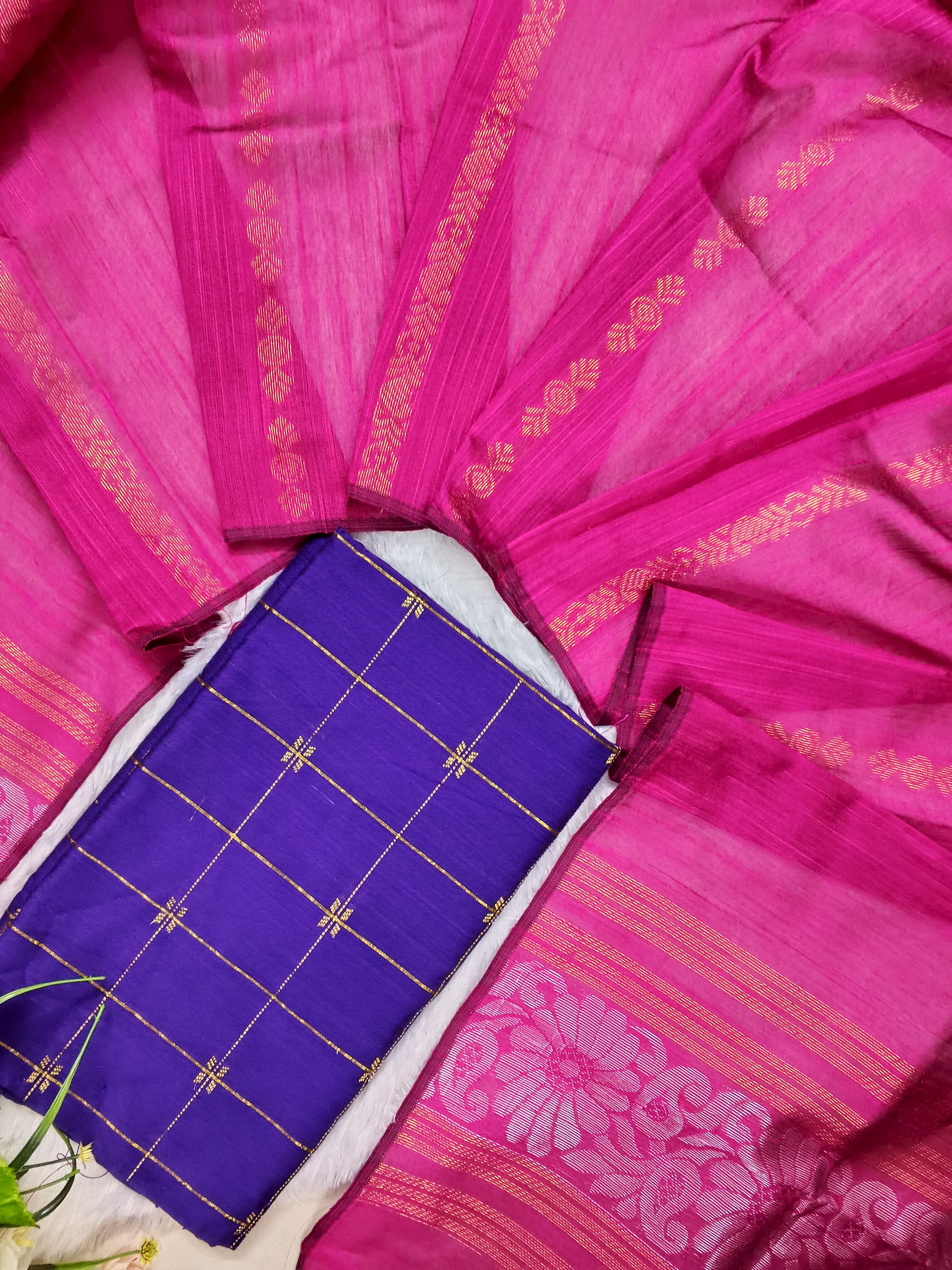 violet raw silk top with pink jamdhani duppata