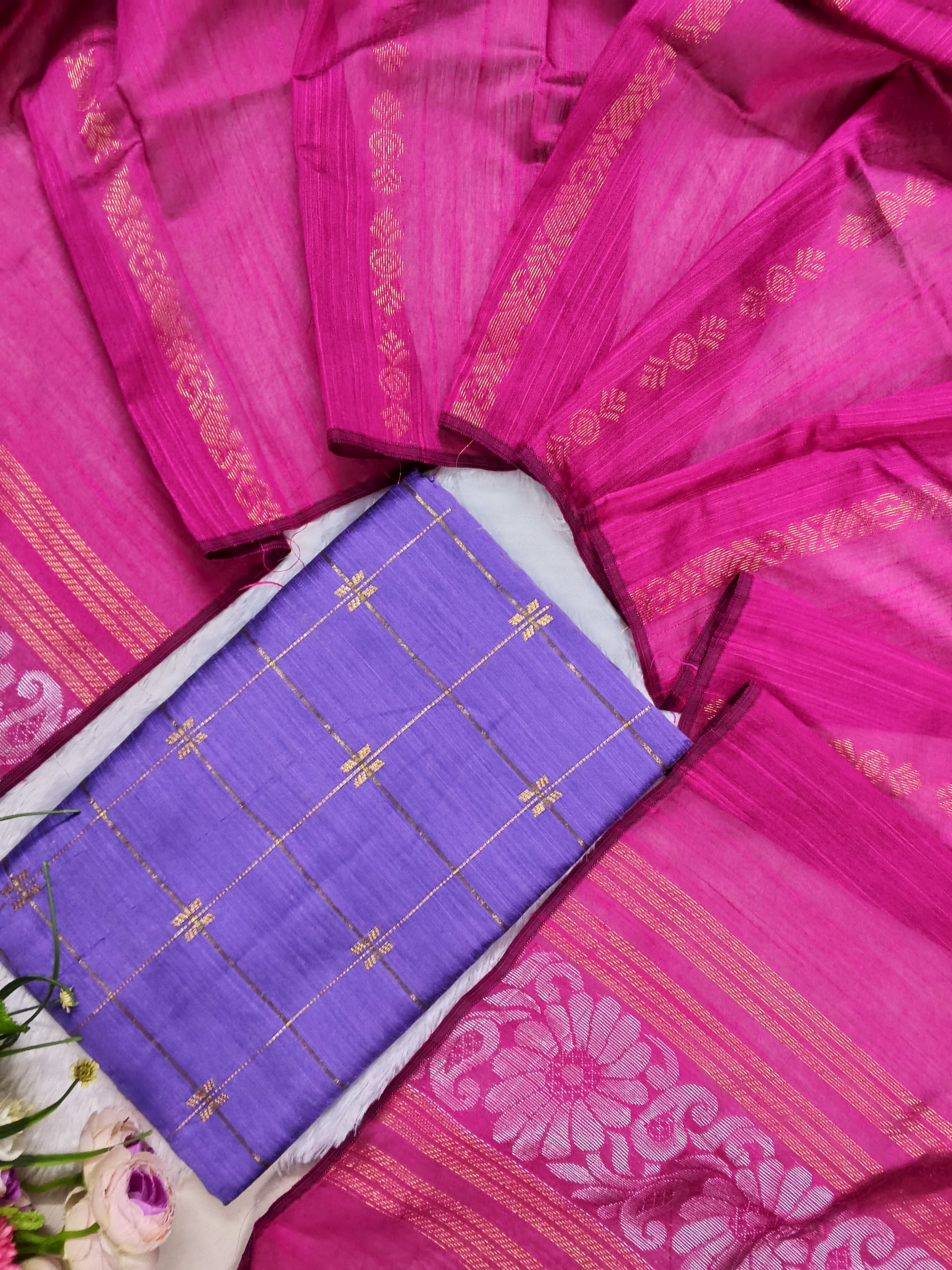 lavendor raw silk top with pink jamdhani duppata