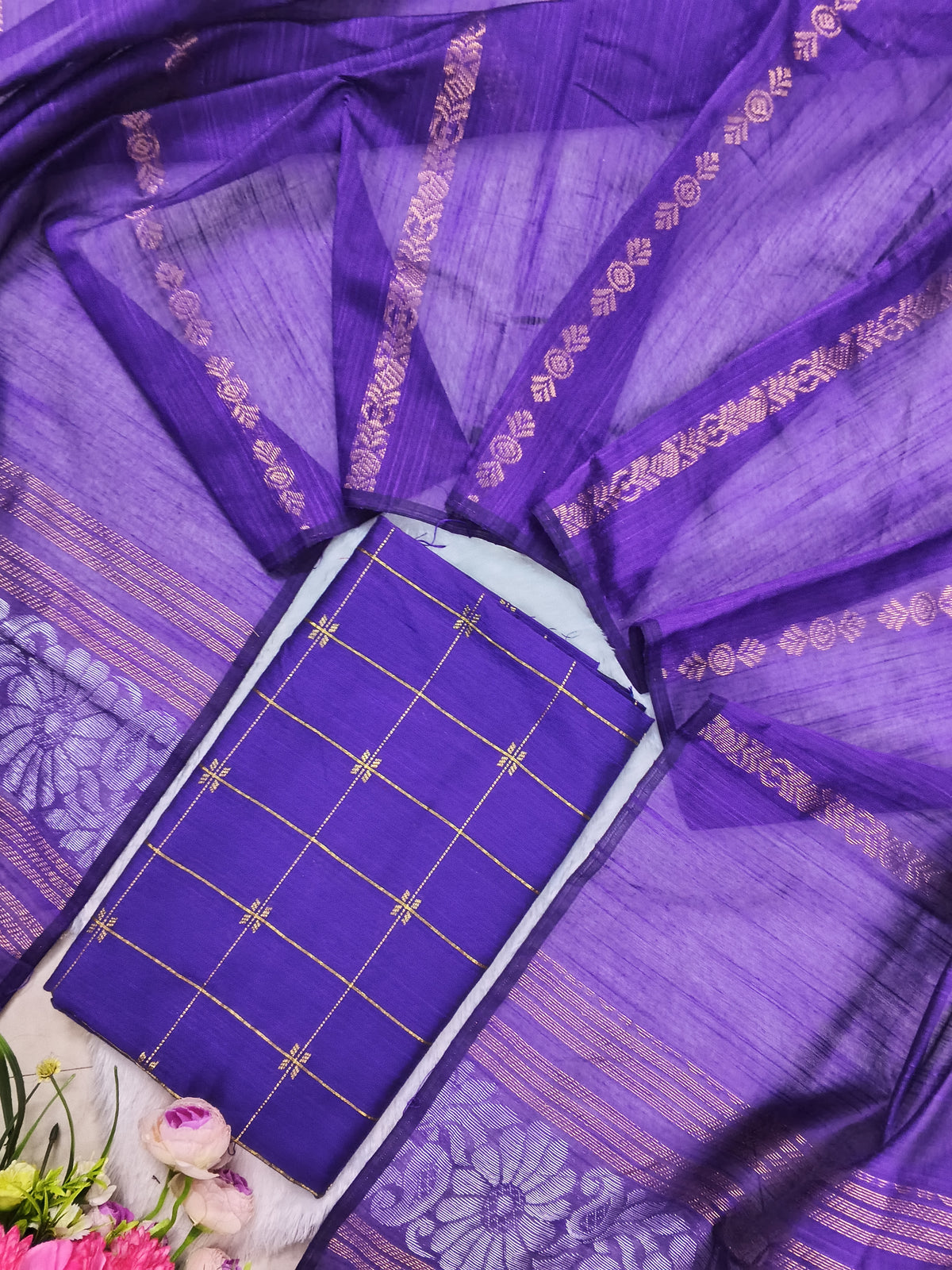 violet raw silk top with jamdhani duppata