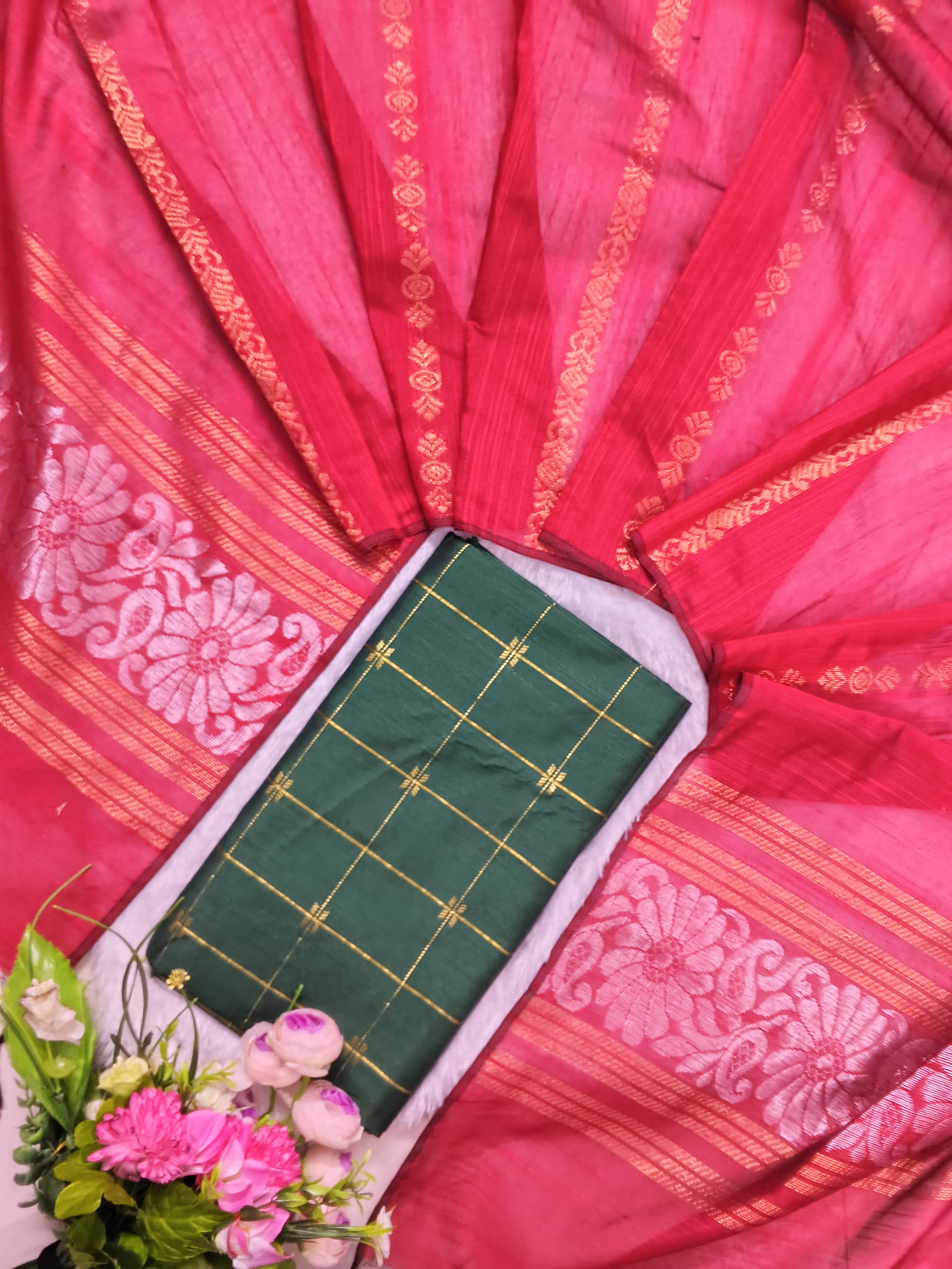 b.green raw silk top with red jamdhani duppata