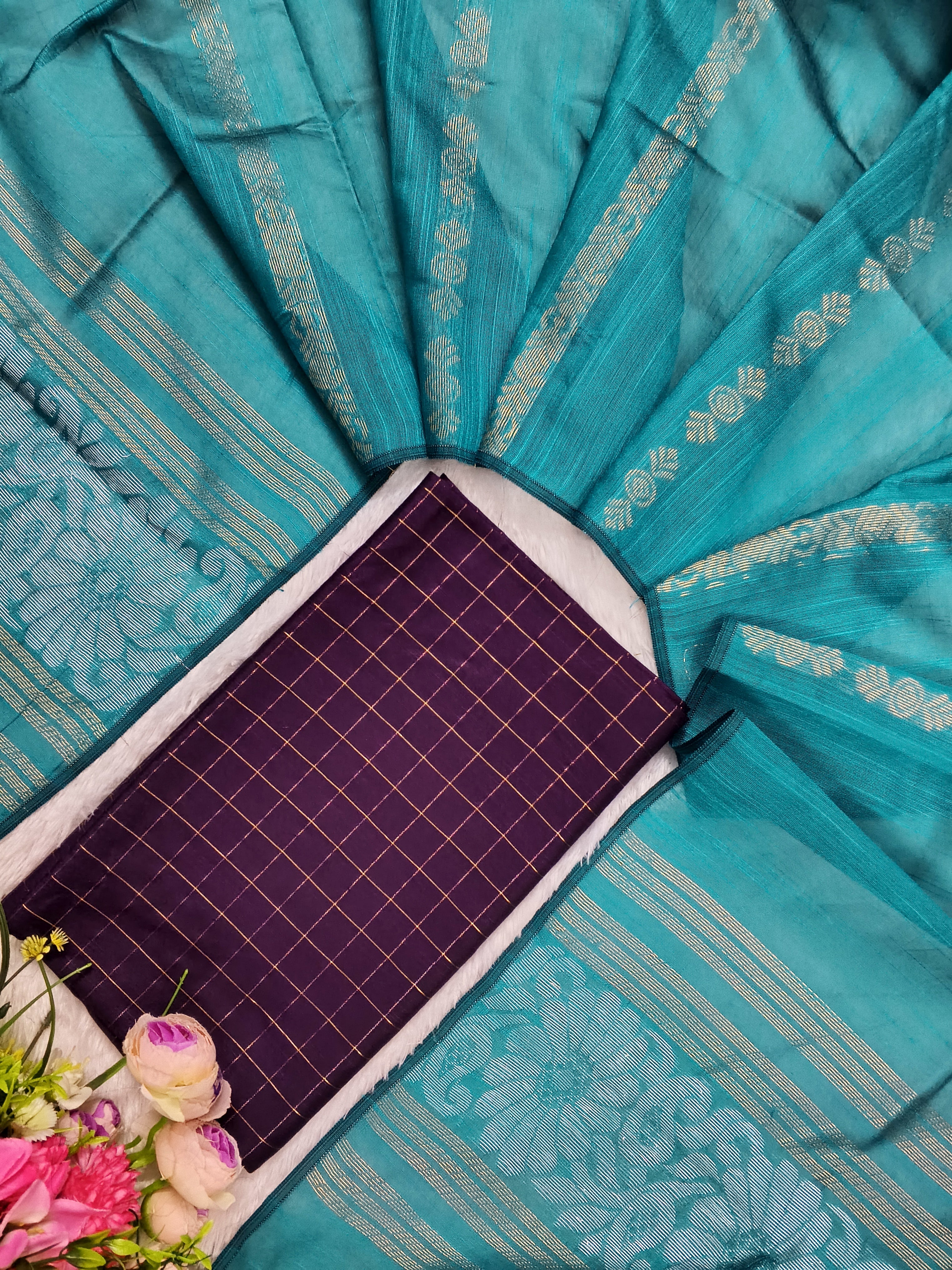 dark purple raw silk top with teel blue jamdhani duppata