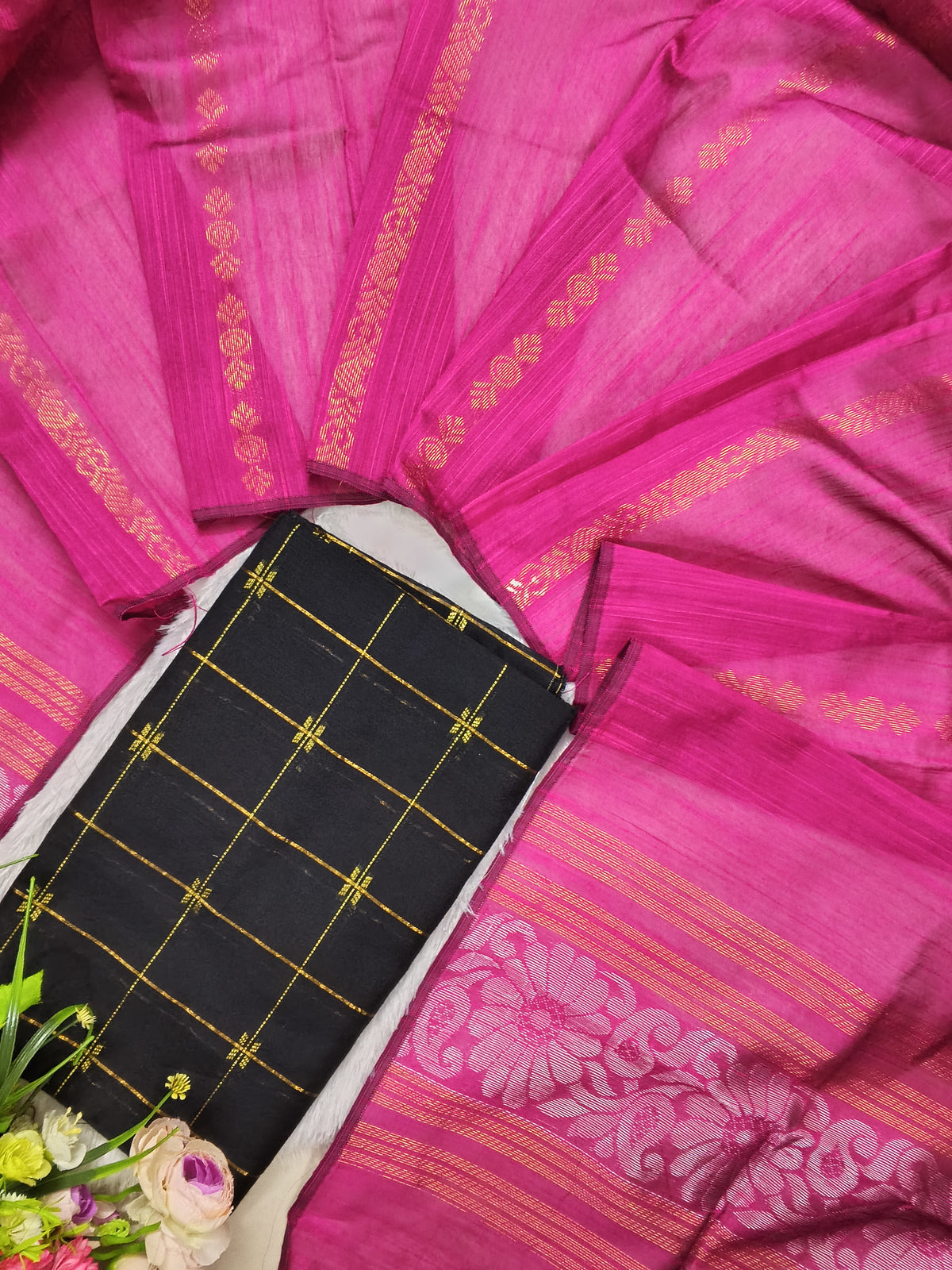 black raw silk top with rose jamdhani duppata