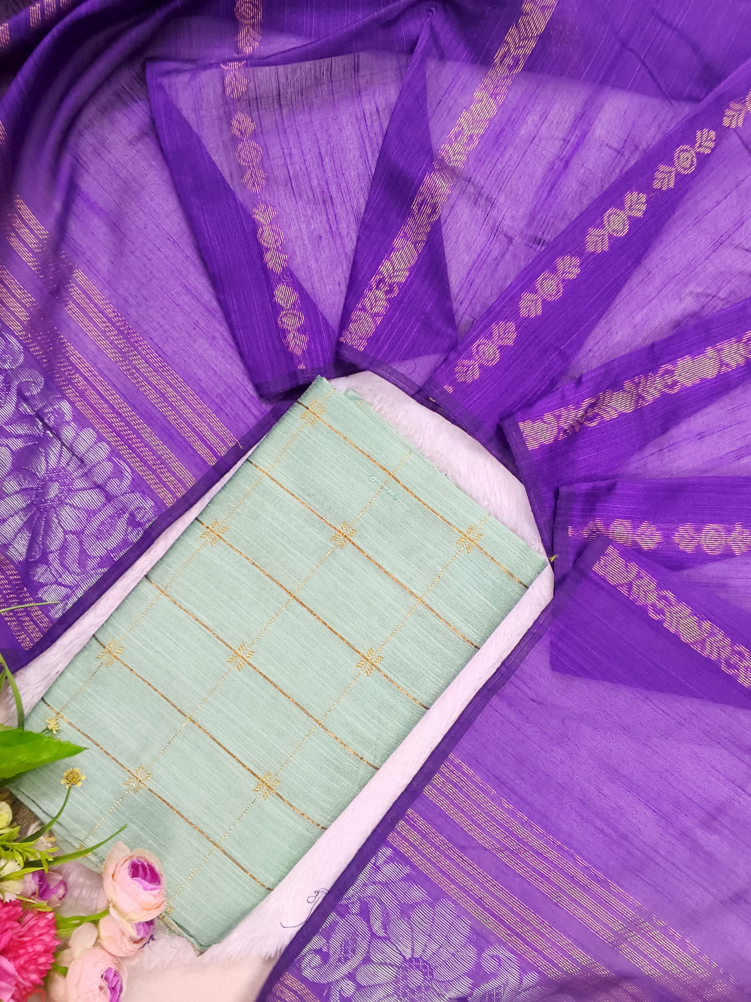 c.grren raw silk top with violet jamdhani duppata