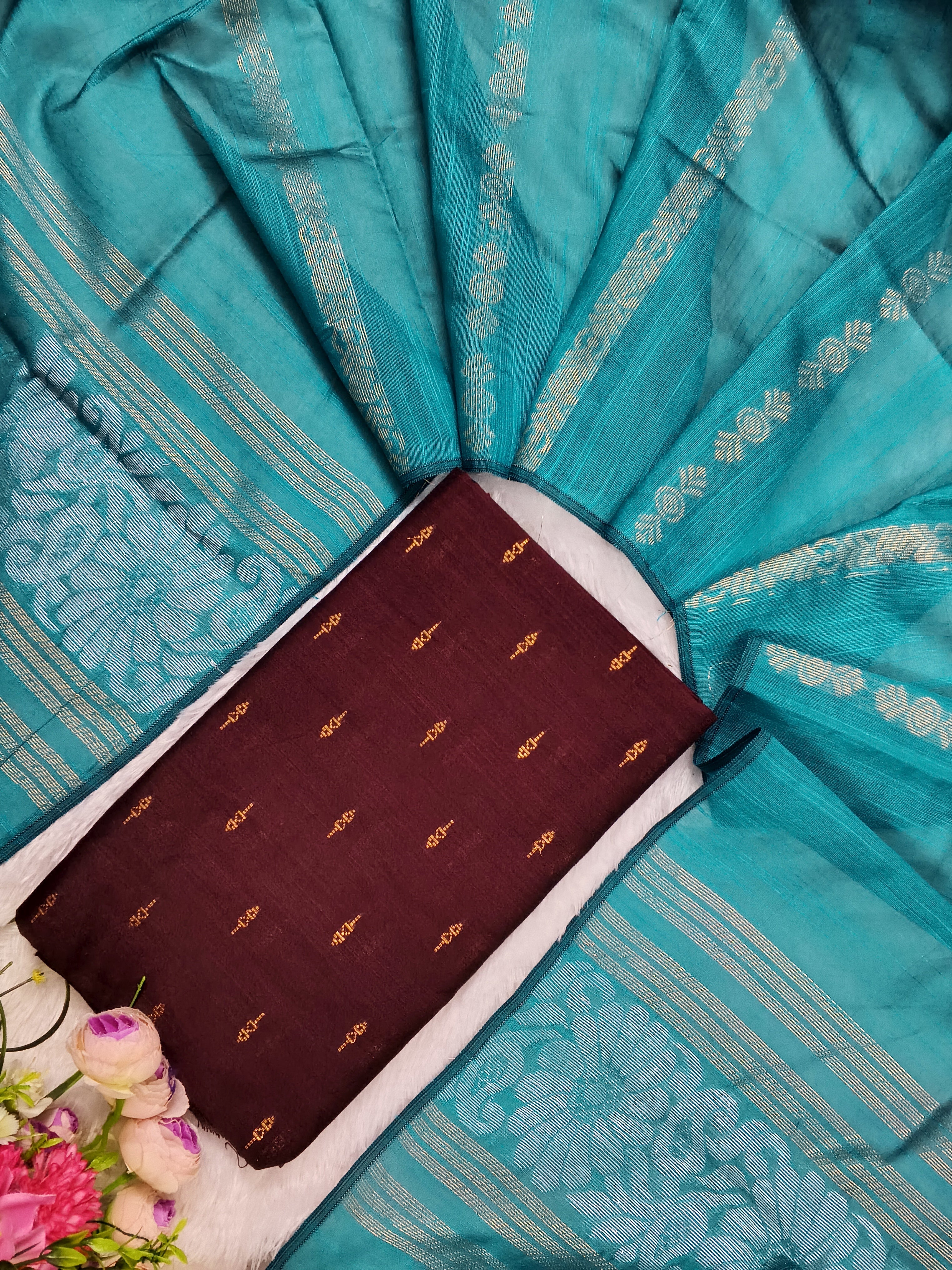 brown raw silk top with teel blue jamdhani duppata