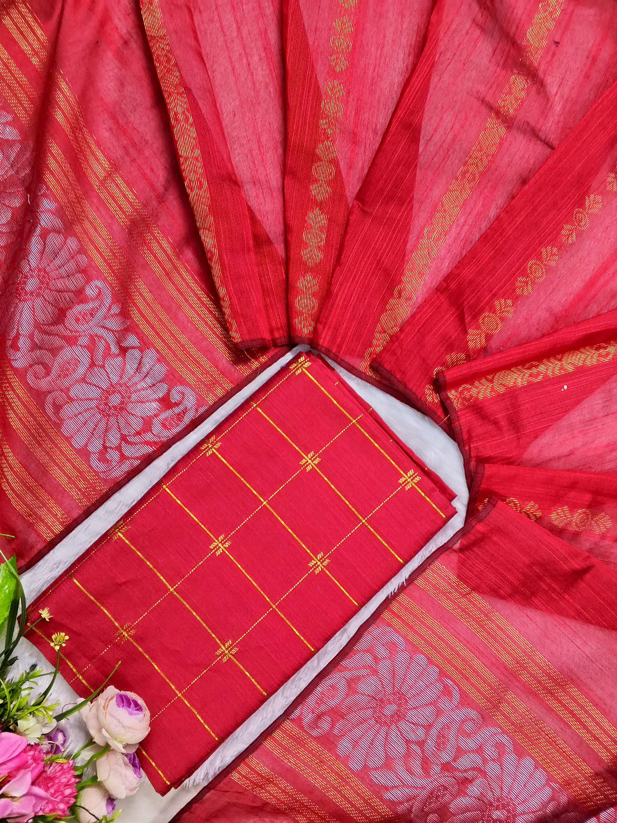 red raw silk top with jamdhani duppata