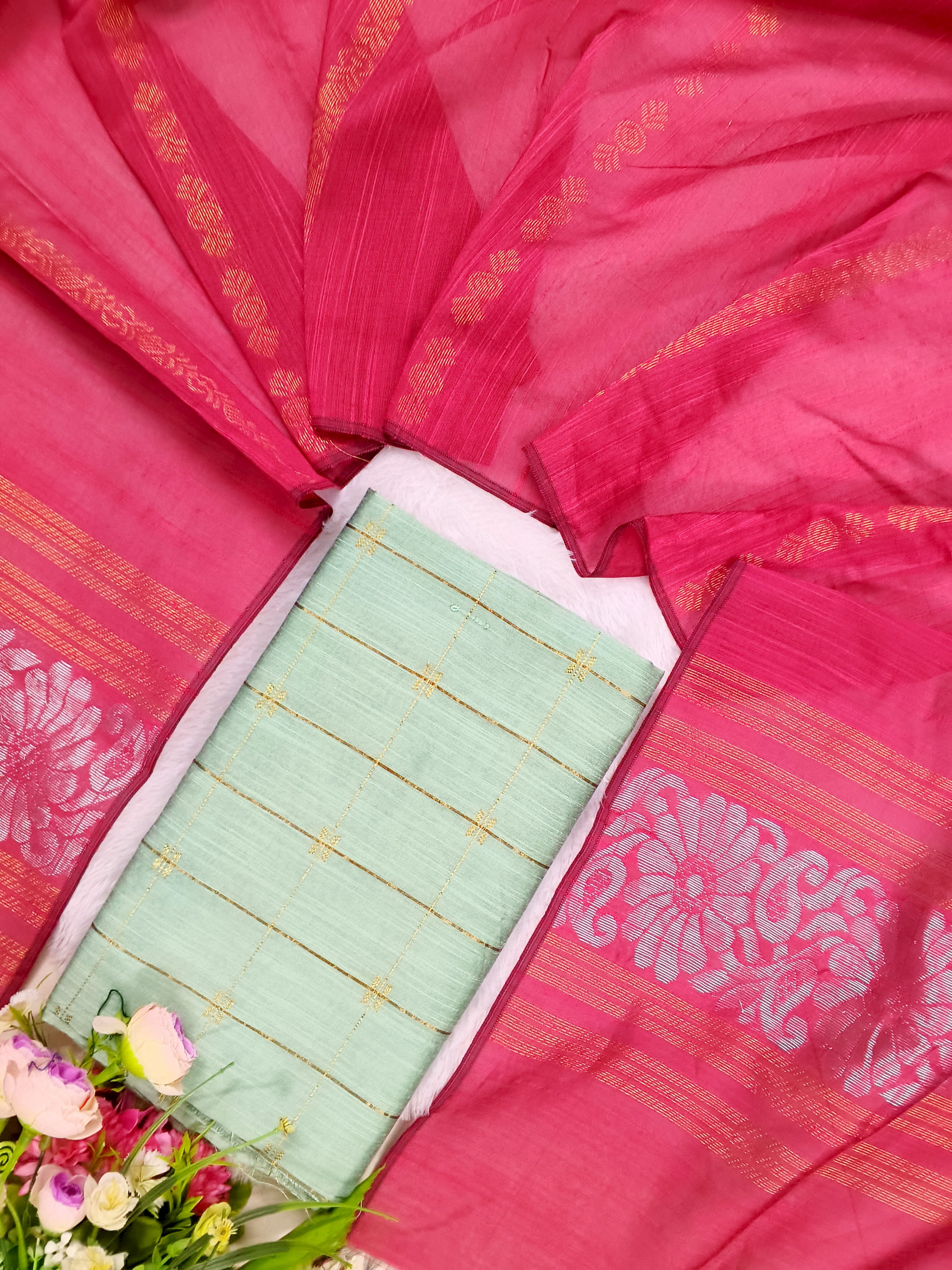 c.green raw silk top with peech jamdhani duppata