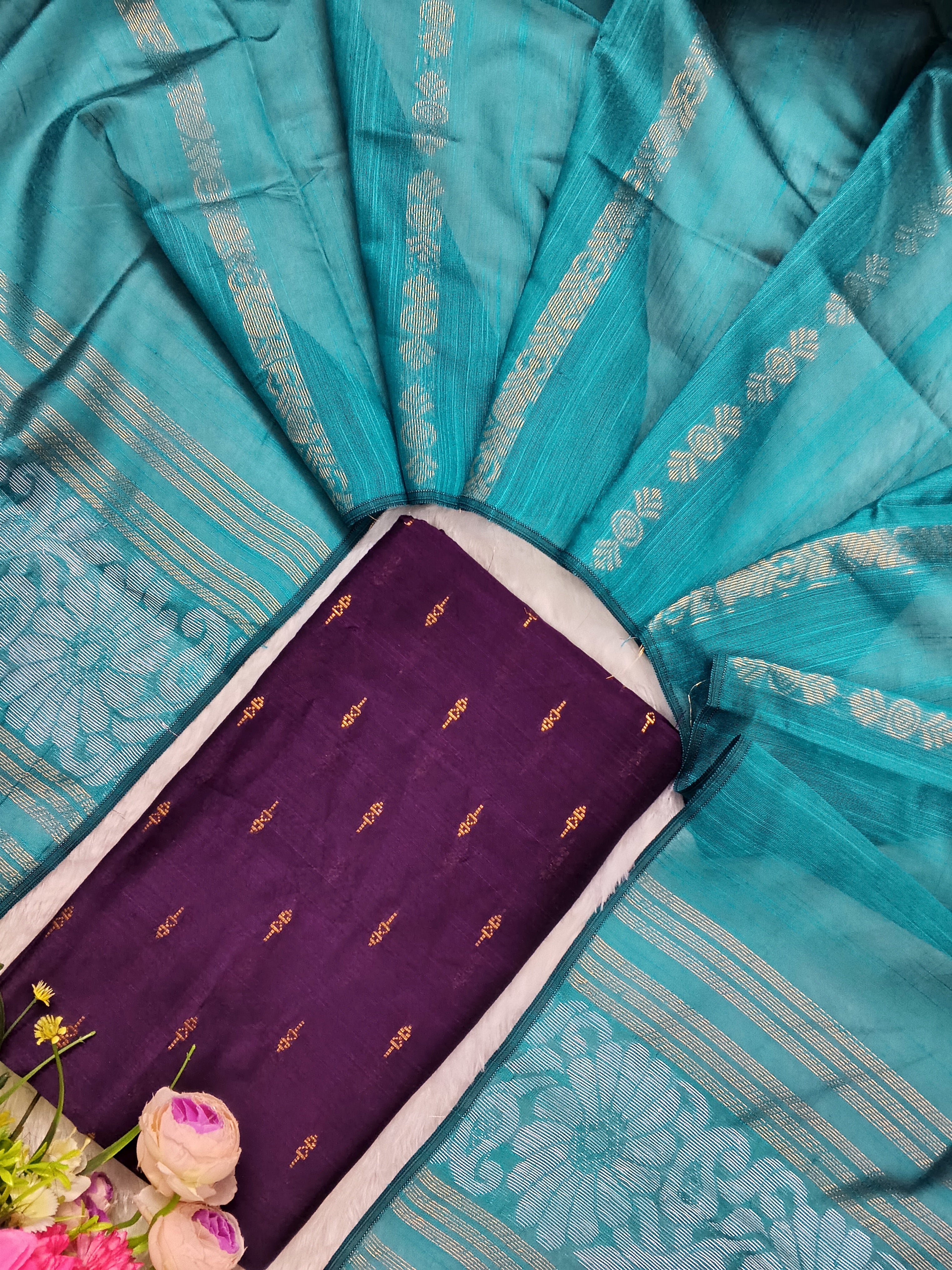 wine raw silk top with teel blue jamdhani duppata