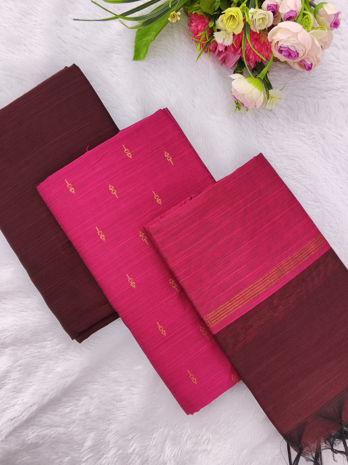 rose with brown raw silk 3 piece set