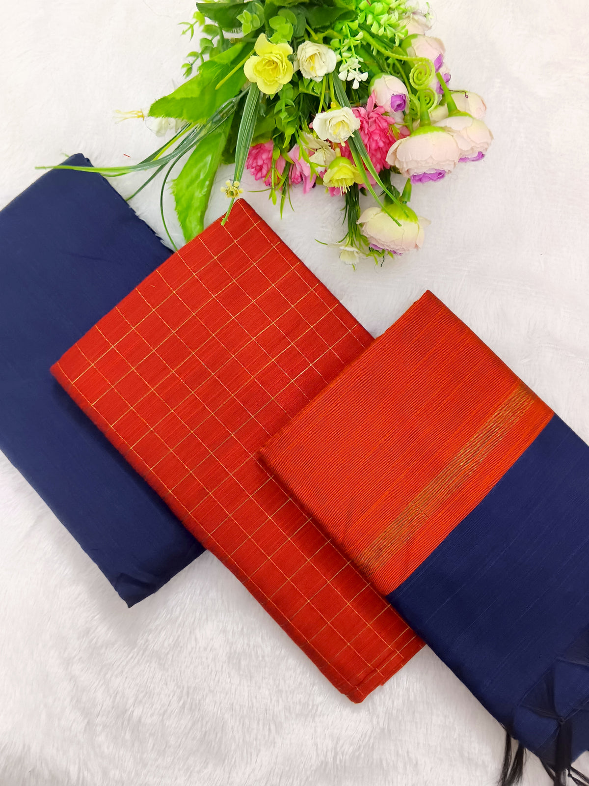 orange raw silk top with contrast bottom and duppata