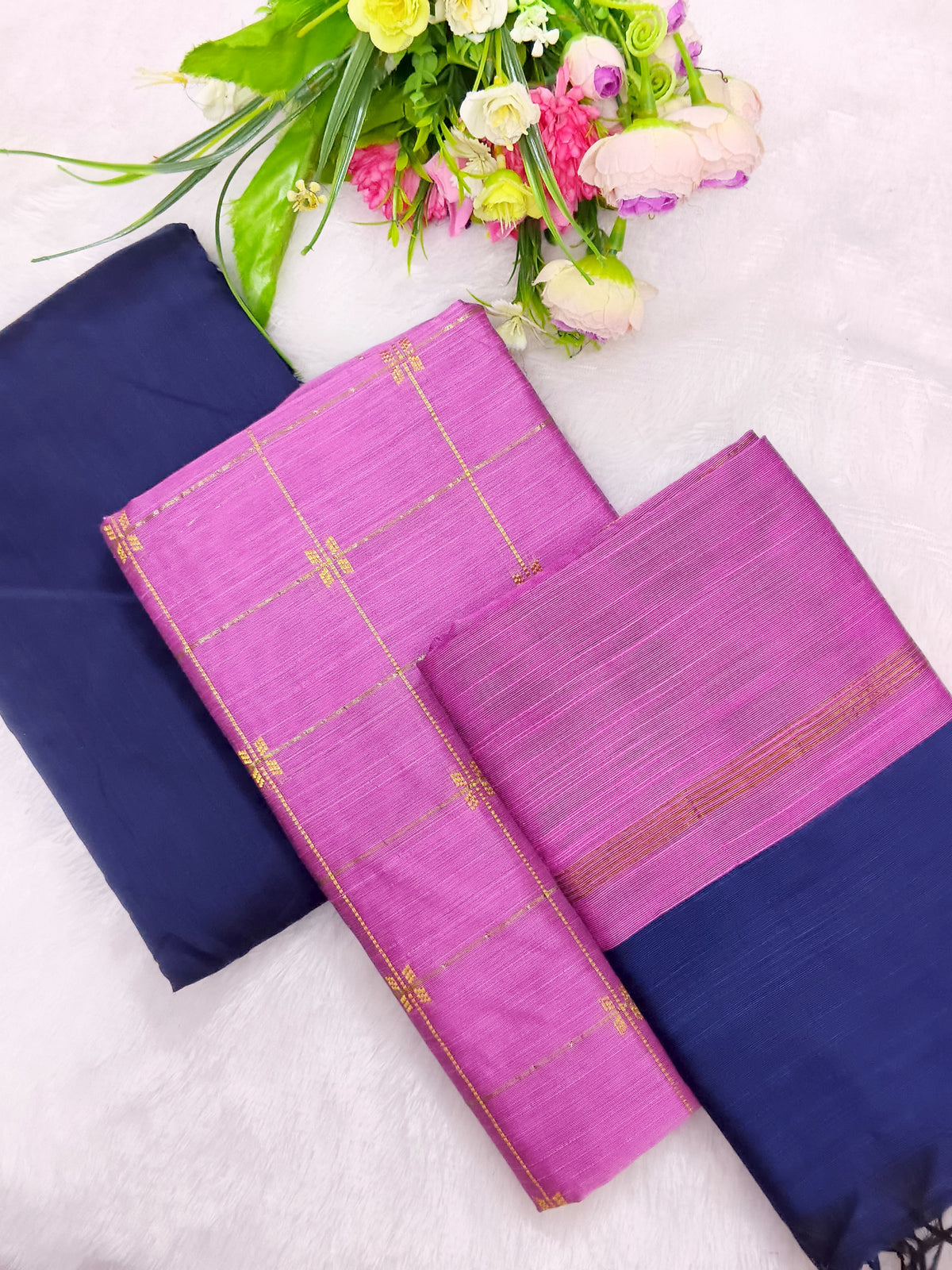 baby pink raw silk top with blue bottom and contrast duppata