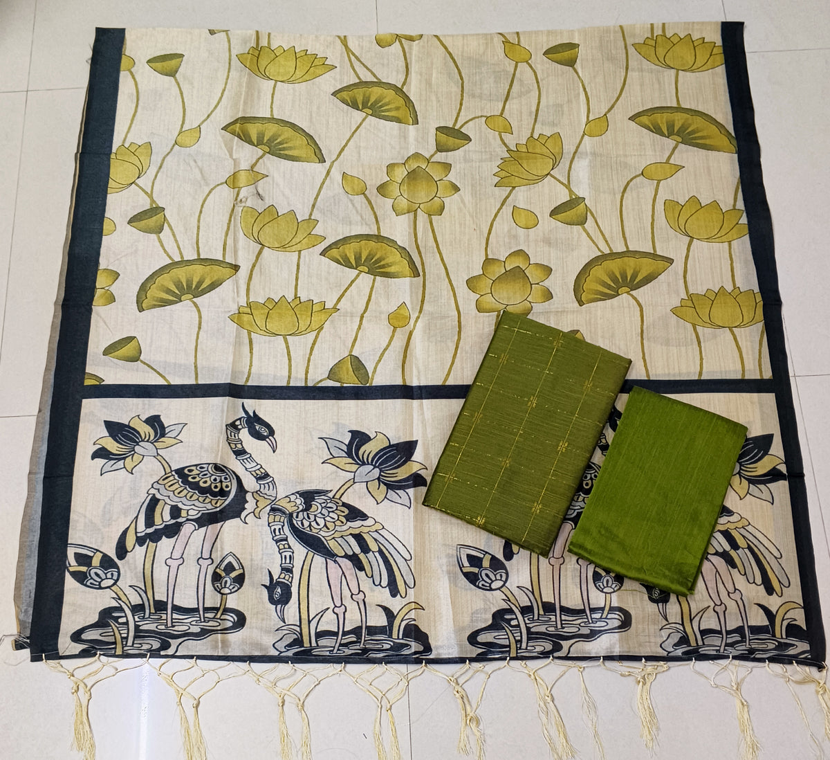 olive green raw silk top with pitchwai mothif assam silk duppata 3 piece set