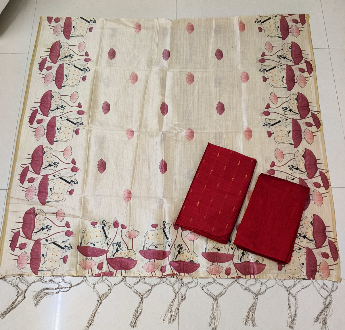 red raw silk top with pitchwai mothif assam silk duppata 3 piece set