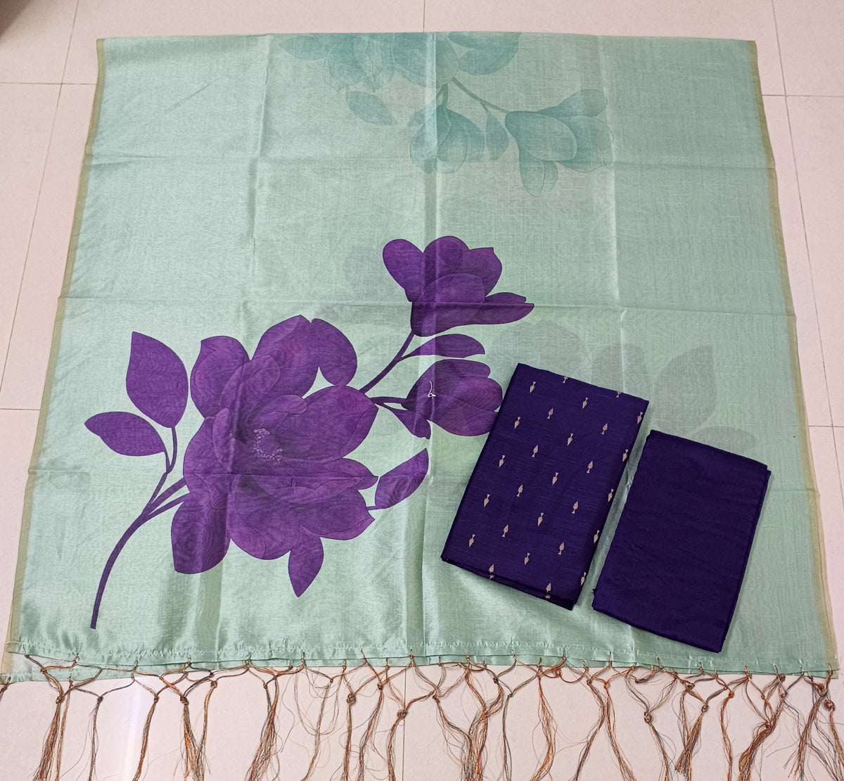 purple raw silk top with big flower mothif assam silk duppta 3 piece set