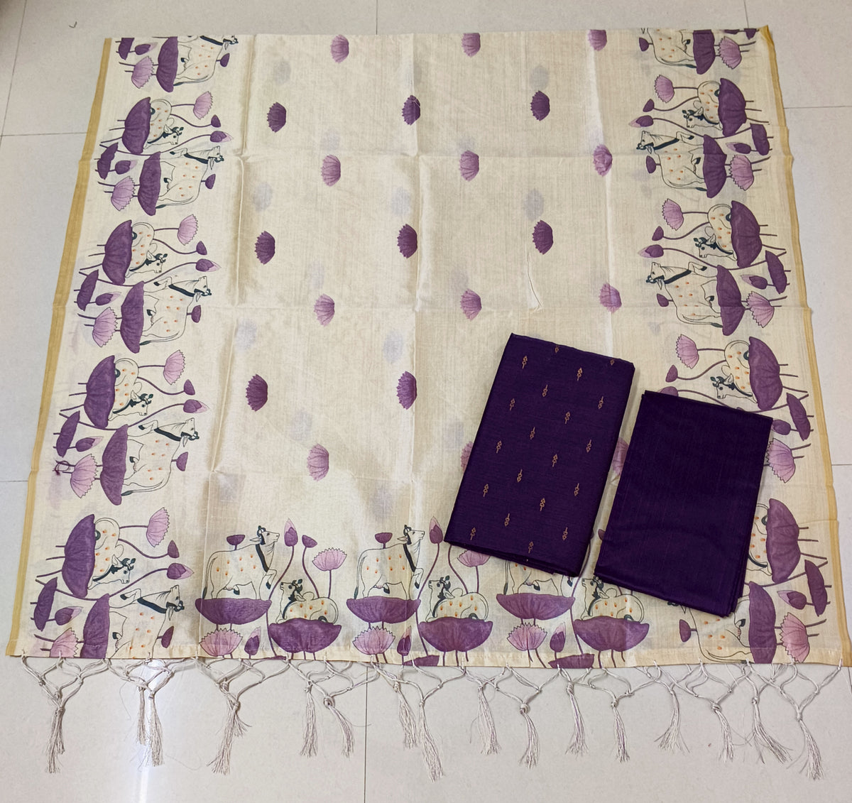wine raw silk top with pitchwai mothif assam silk duppata 3 piece set