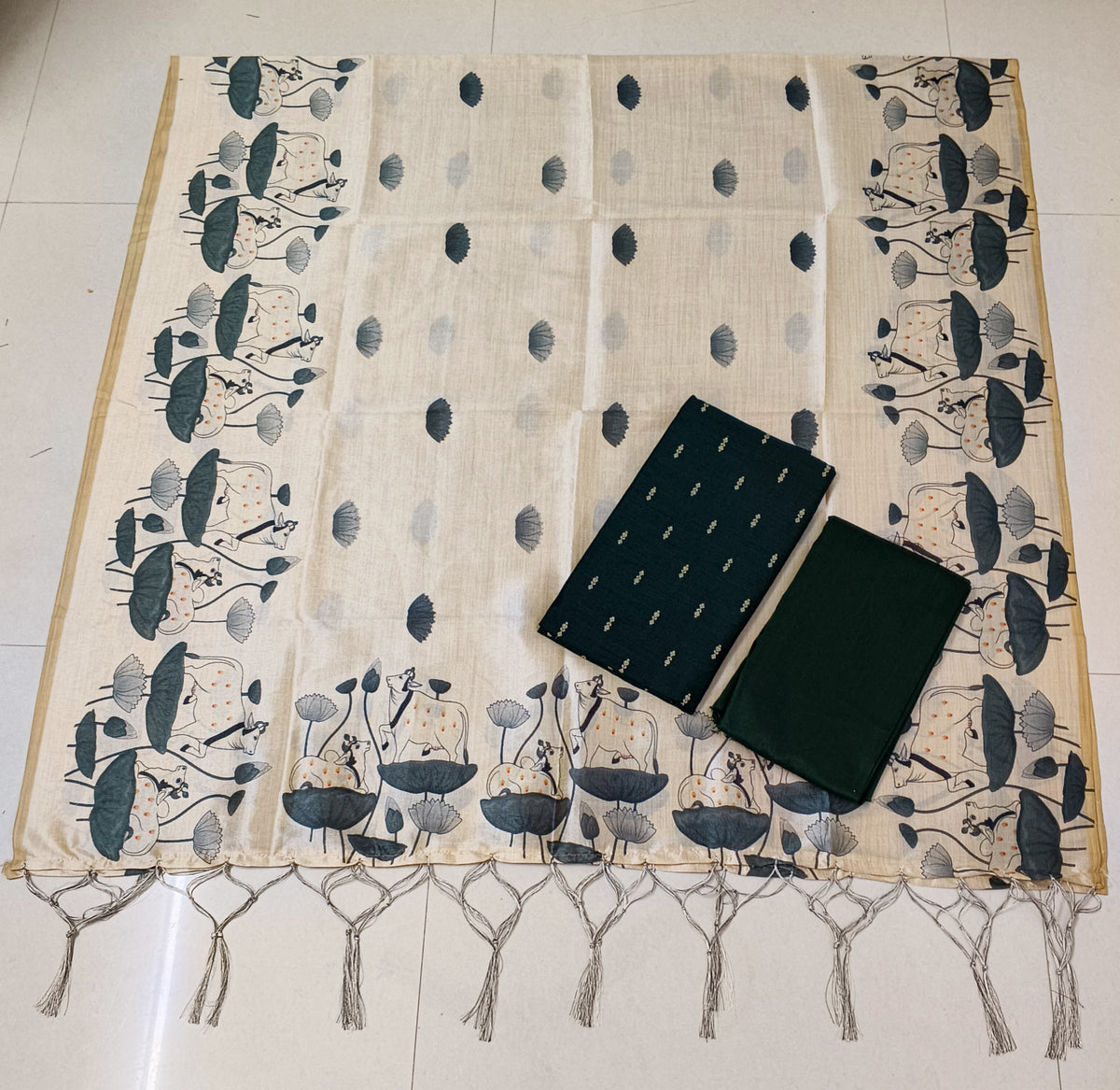 bottle green raw silk top with pichwai mothif assam silk duppata 3 piece set