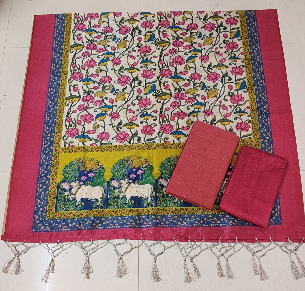 peech colour raw silk top with floral pichwai mothif duppata 3 piece set