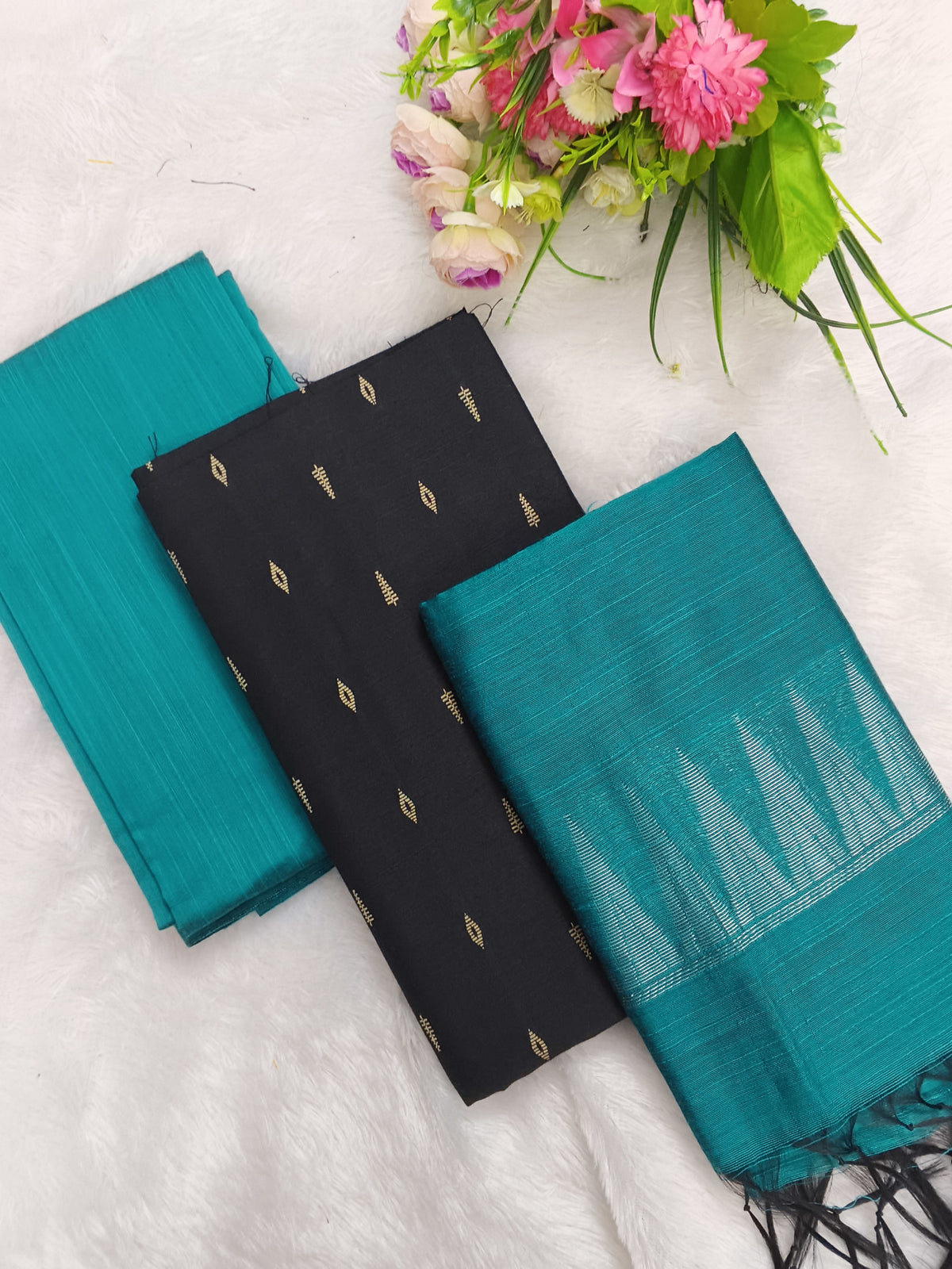 black top with teel blue temple border duppata 3 piece set