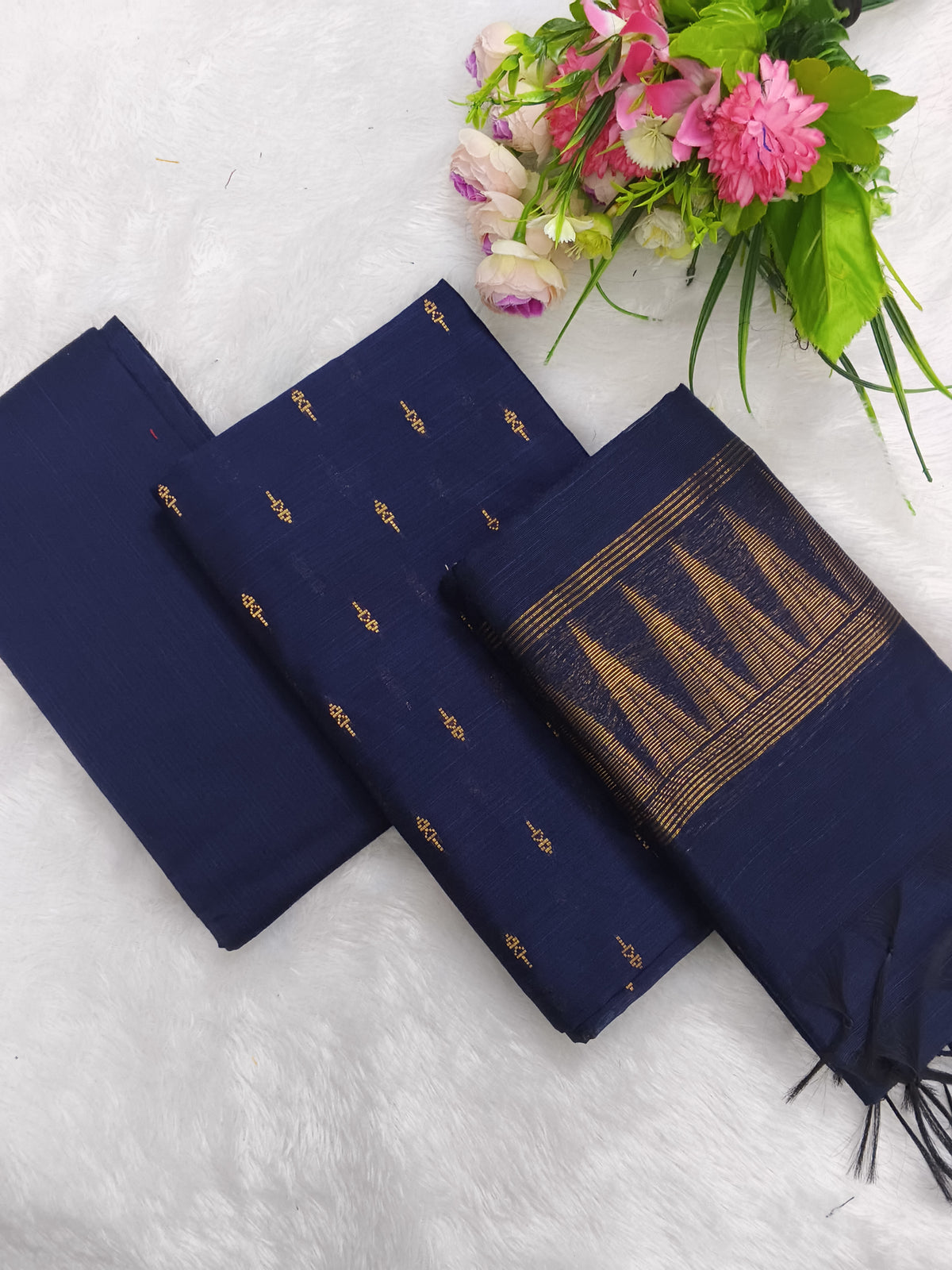 navy ble top with temple border duppata 3 piece set