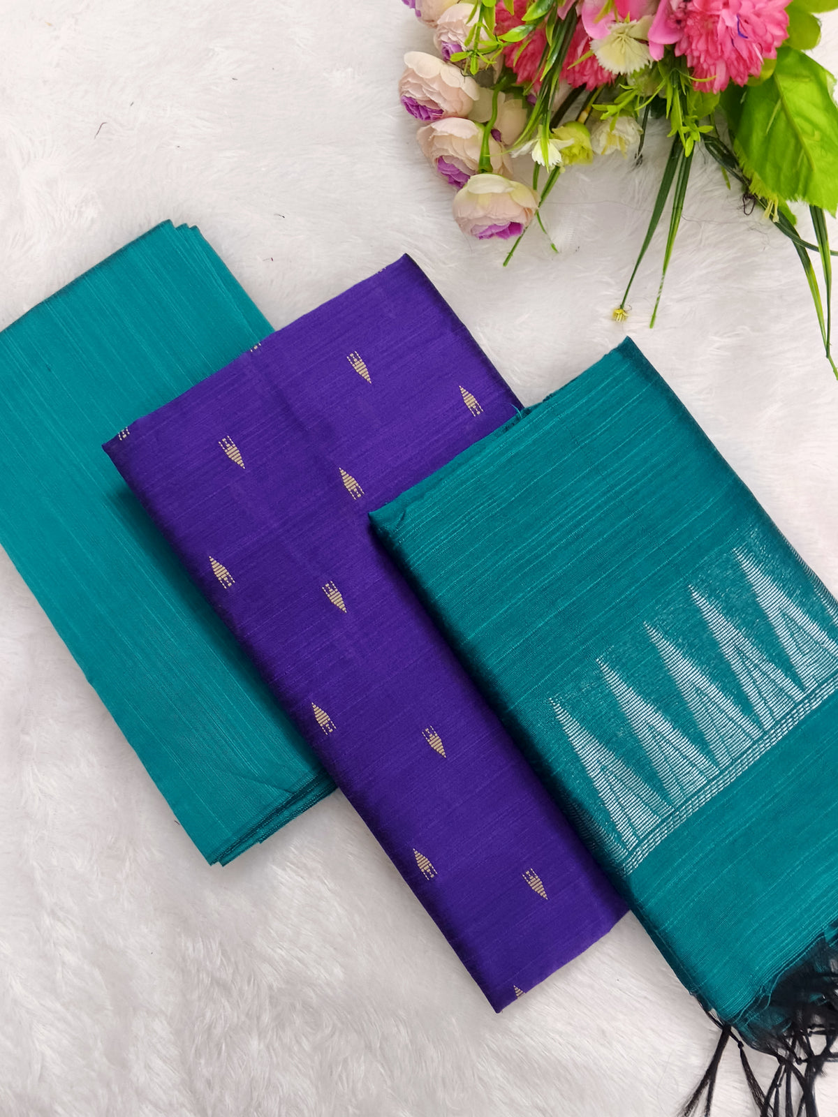 violet top with teel blue temple border duppata 3 piece set