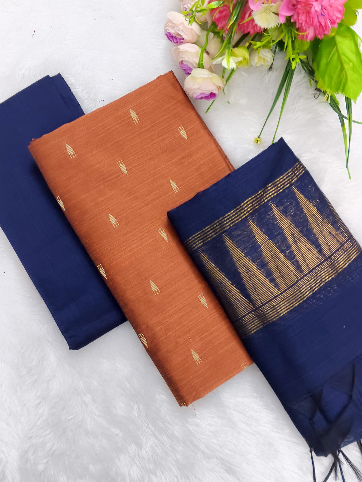 peech with navy blue temple border duppata 3 piece set