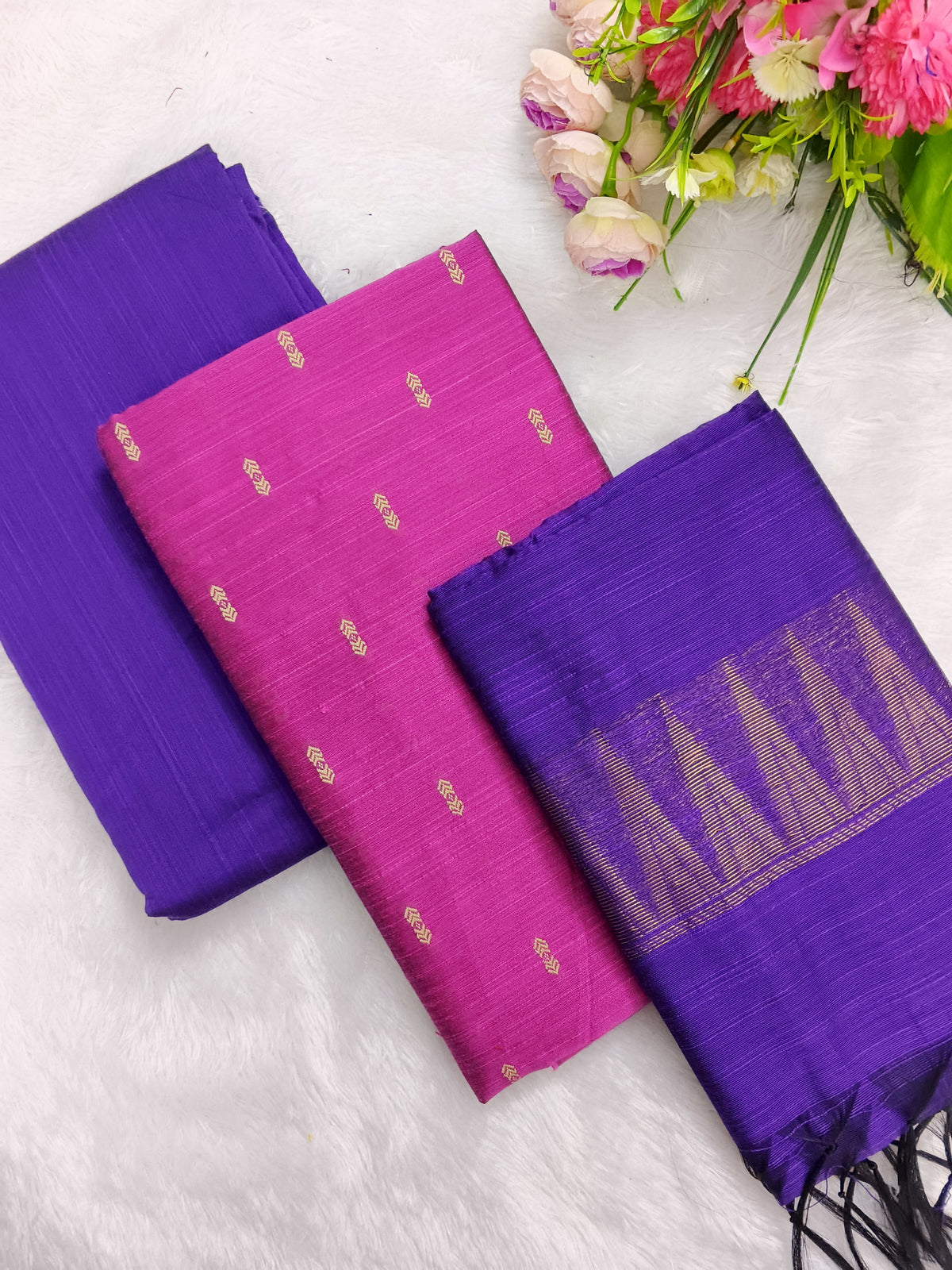 pink with violet temple border duppata raw silk 3 piece set
